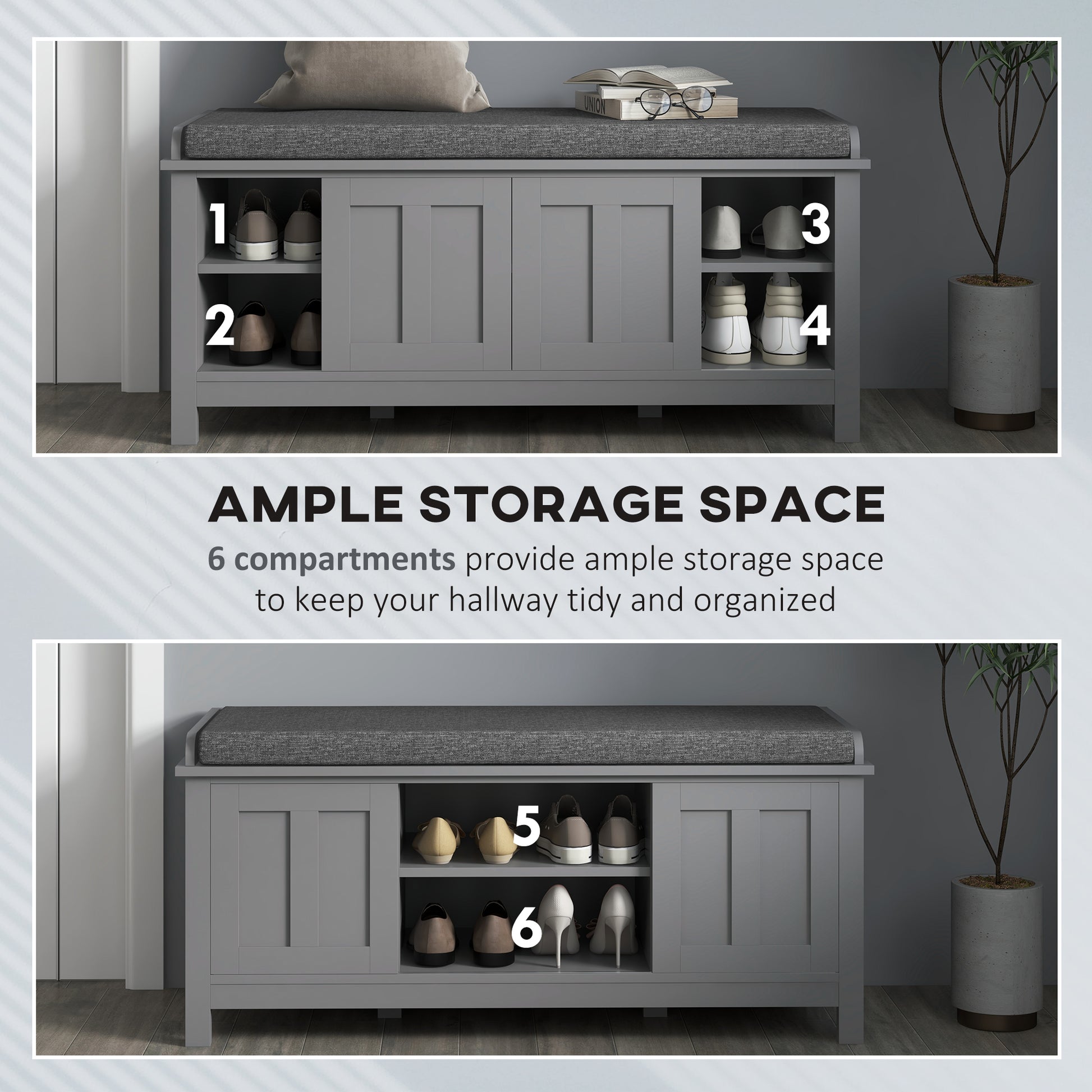 Gray entryway bench with cushioned top and six storage compartments