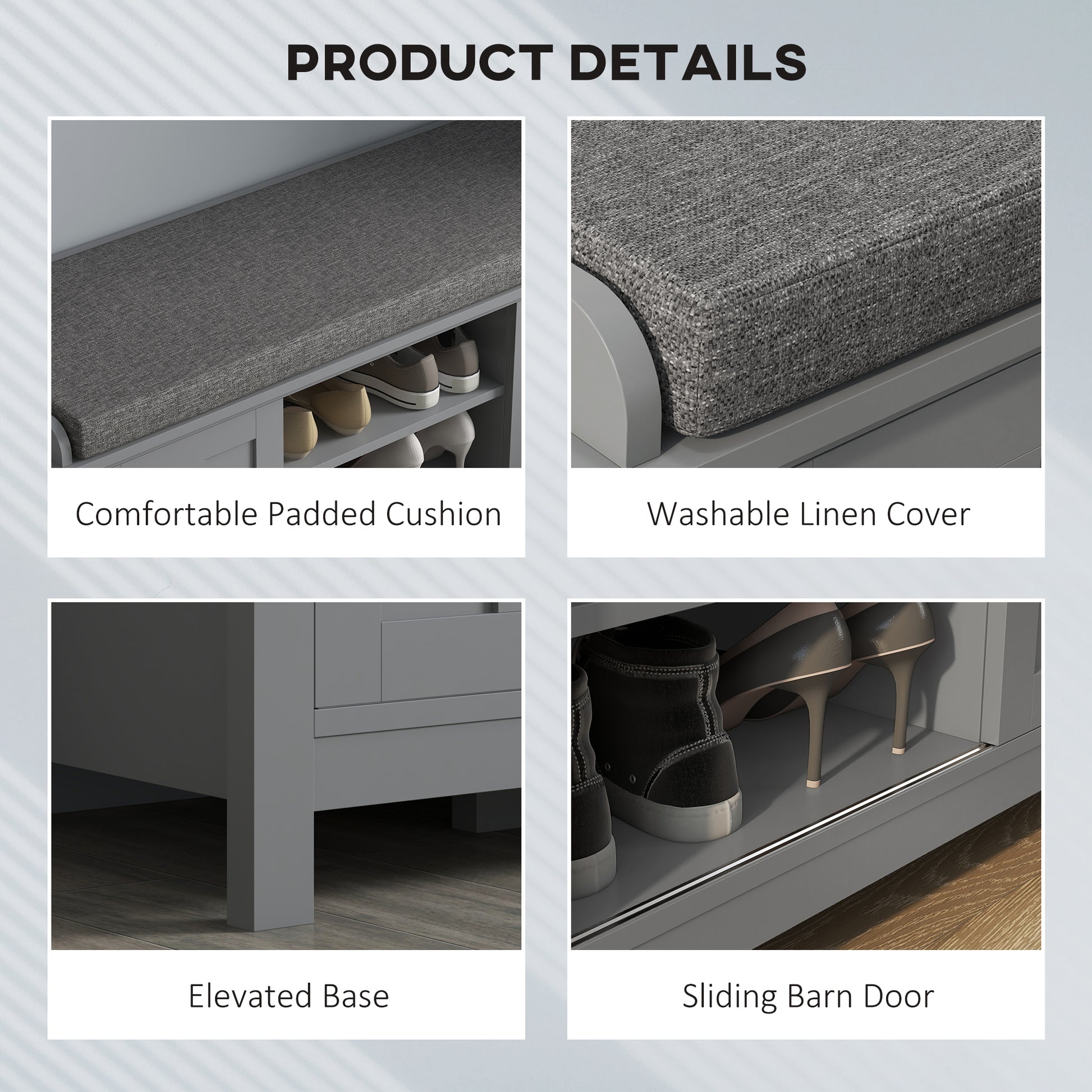 Gray upholstered bench cushion with shoes stored below
