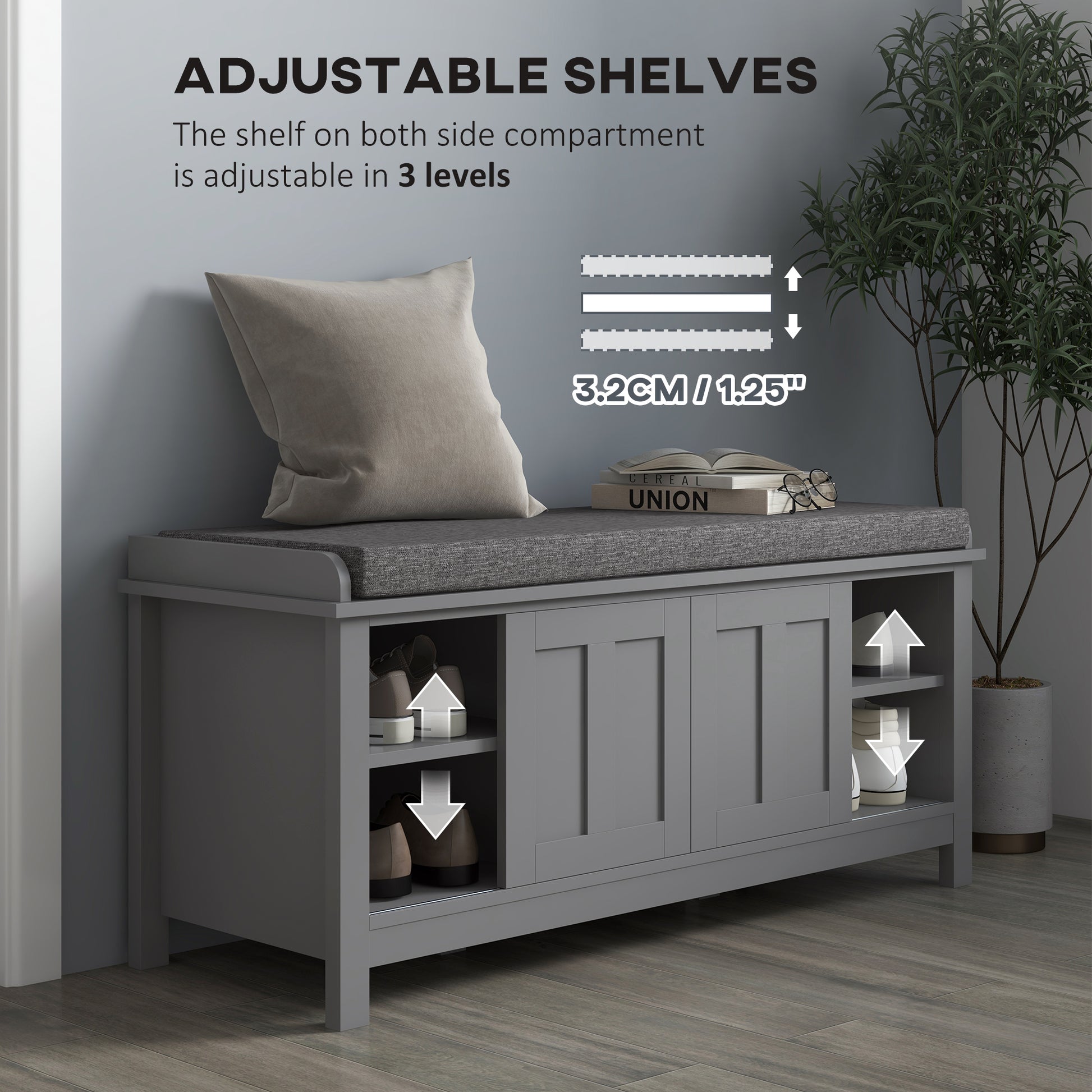 Gray entryway bench with storage and adjustable shelves