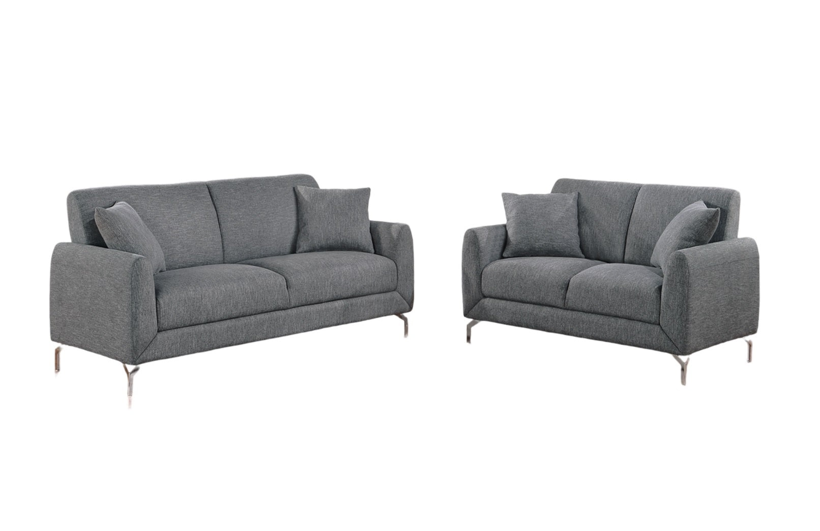 Modern grey fabric sofa set with sleek silver legs and throw pillows perfect for living rooms