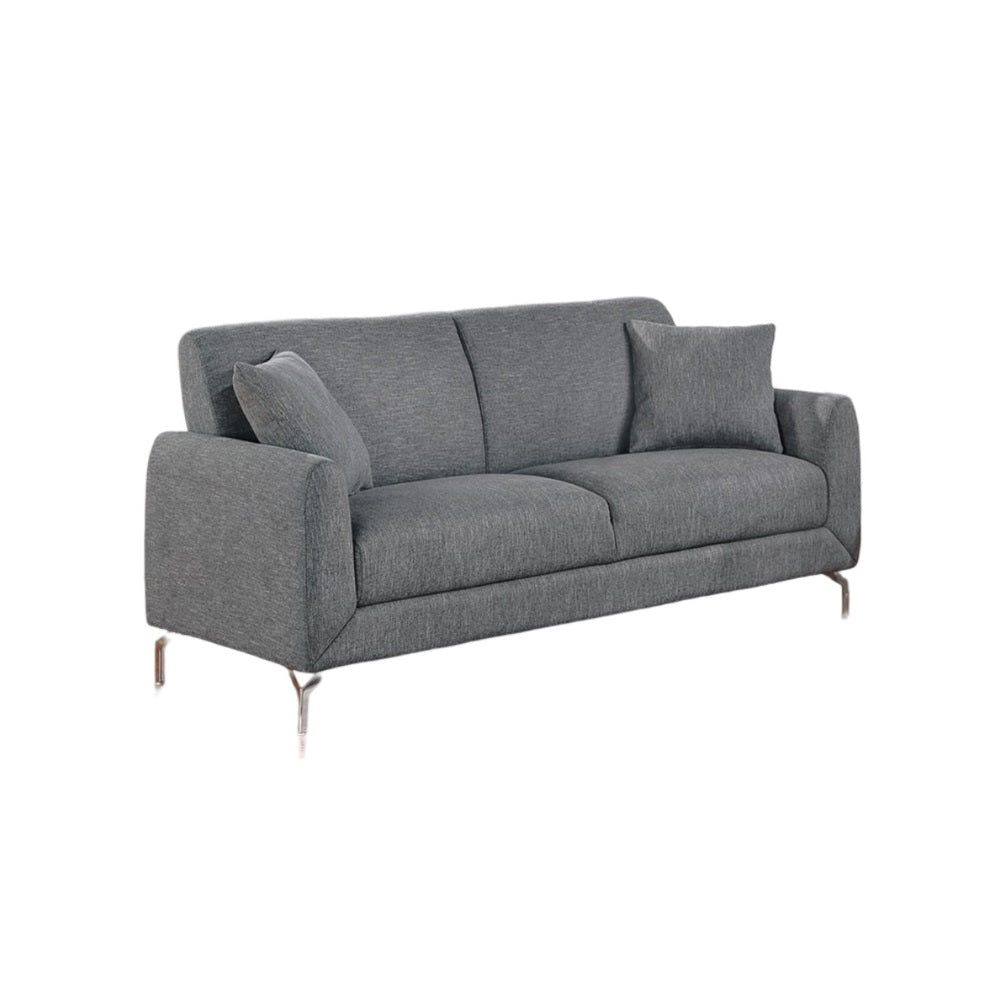 Modern grey fabric sofa with sleek silver legs and two accent pillows perfect for living rooms