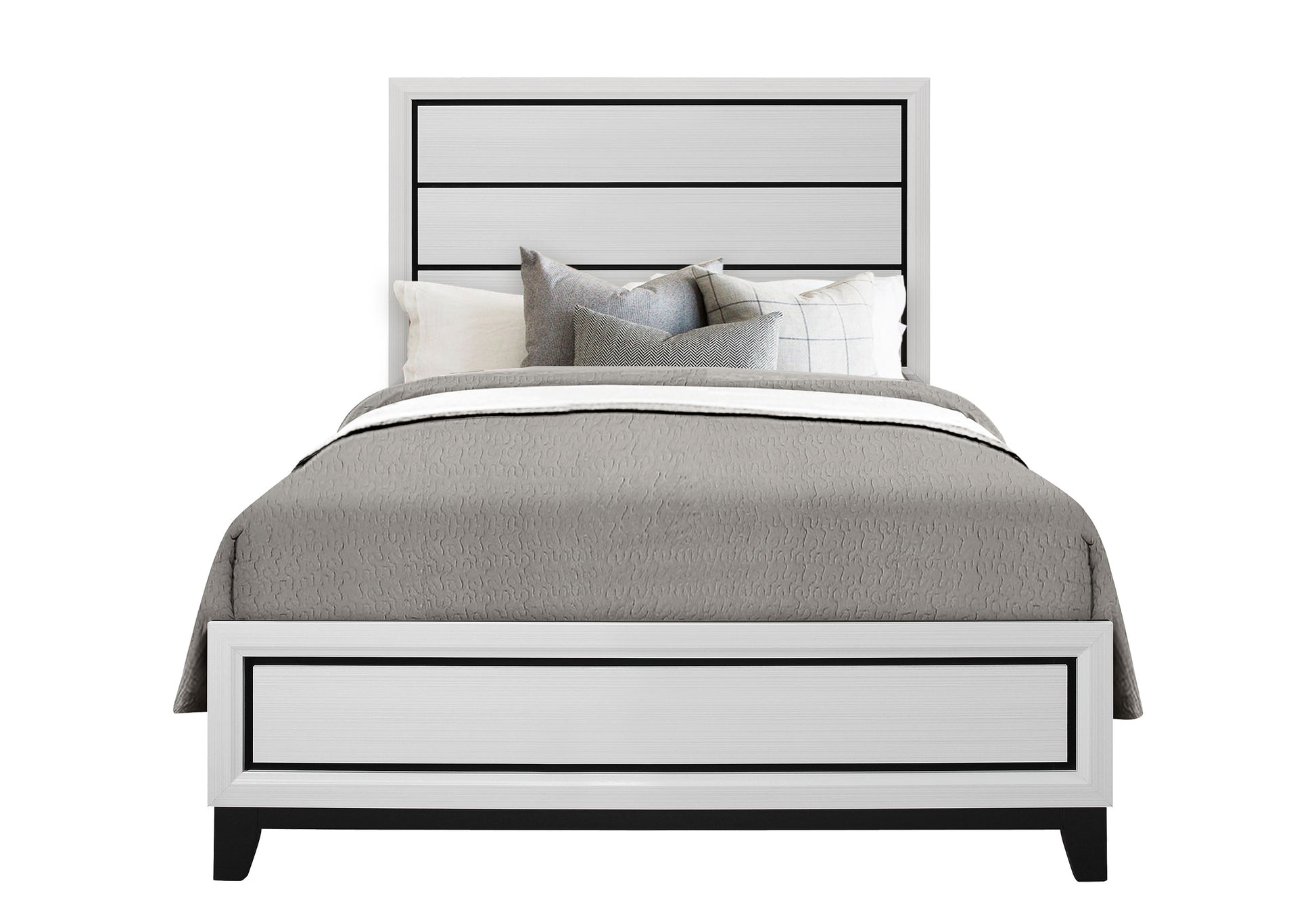Modern white and black king size bed with textured headboard and matching footboard