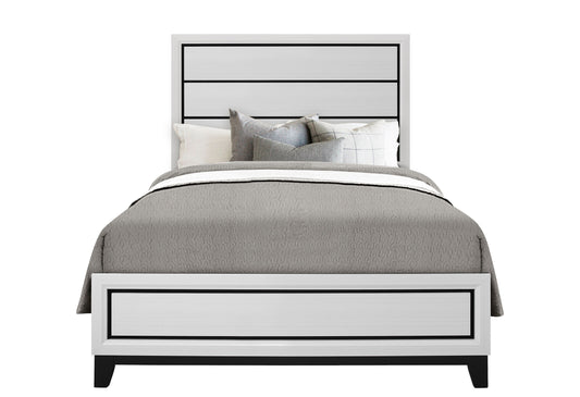 Modern white and black king size bed with textured headboard and matching footboard