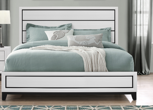 Modern white and black platform bed frame with plush bedding