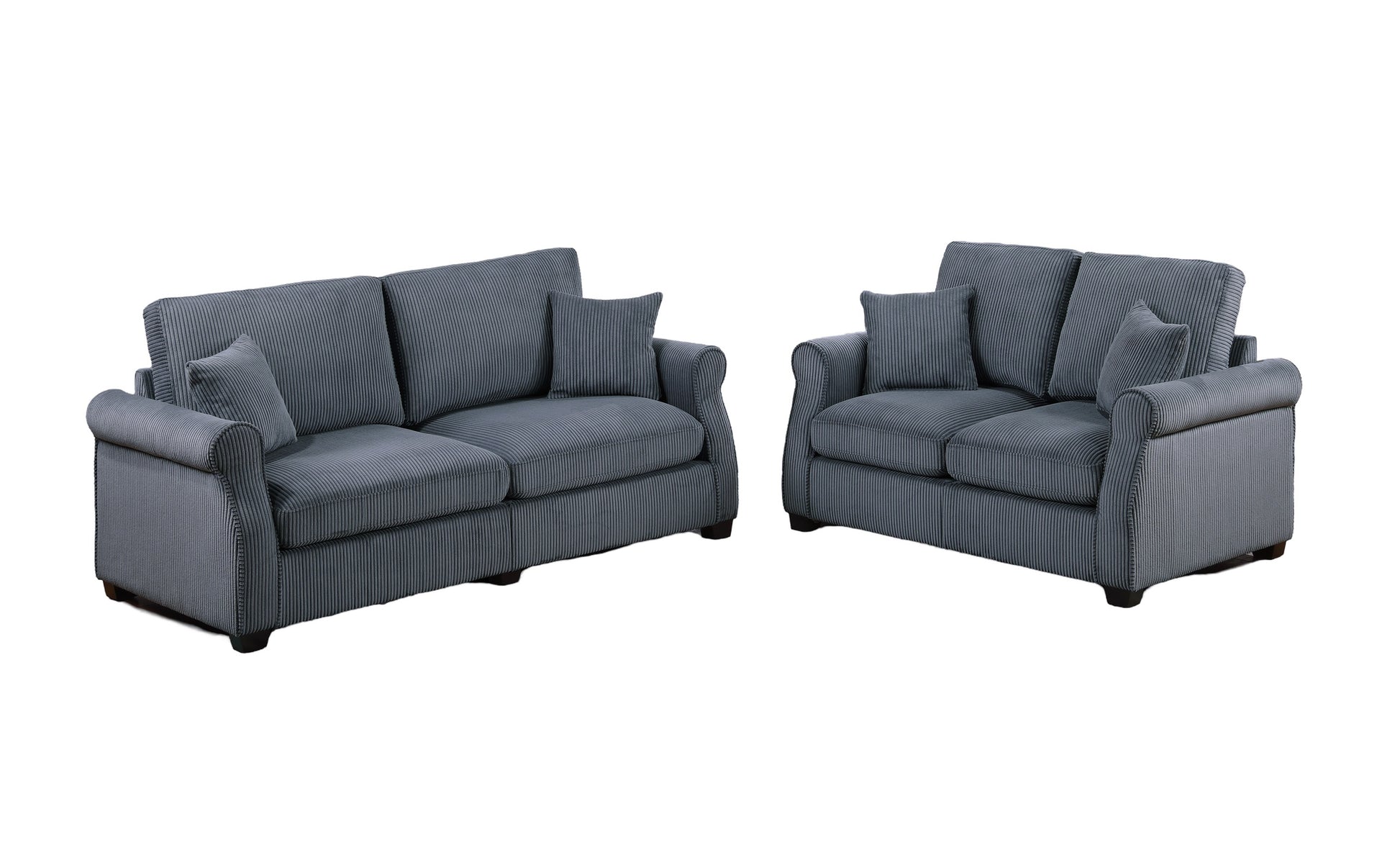 Two grey corduroy sofas with matching pillows for living room comfort