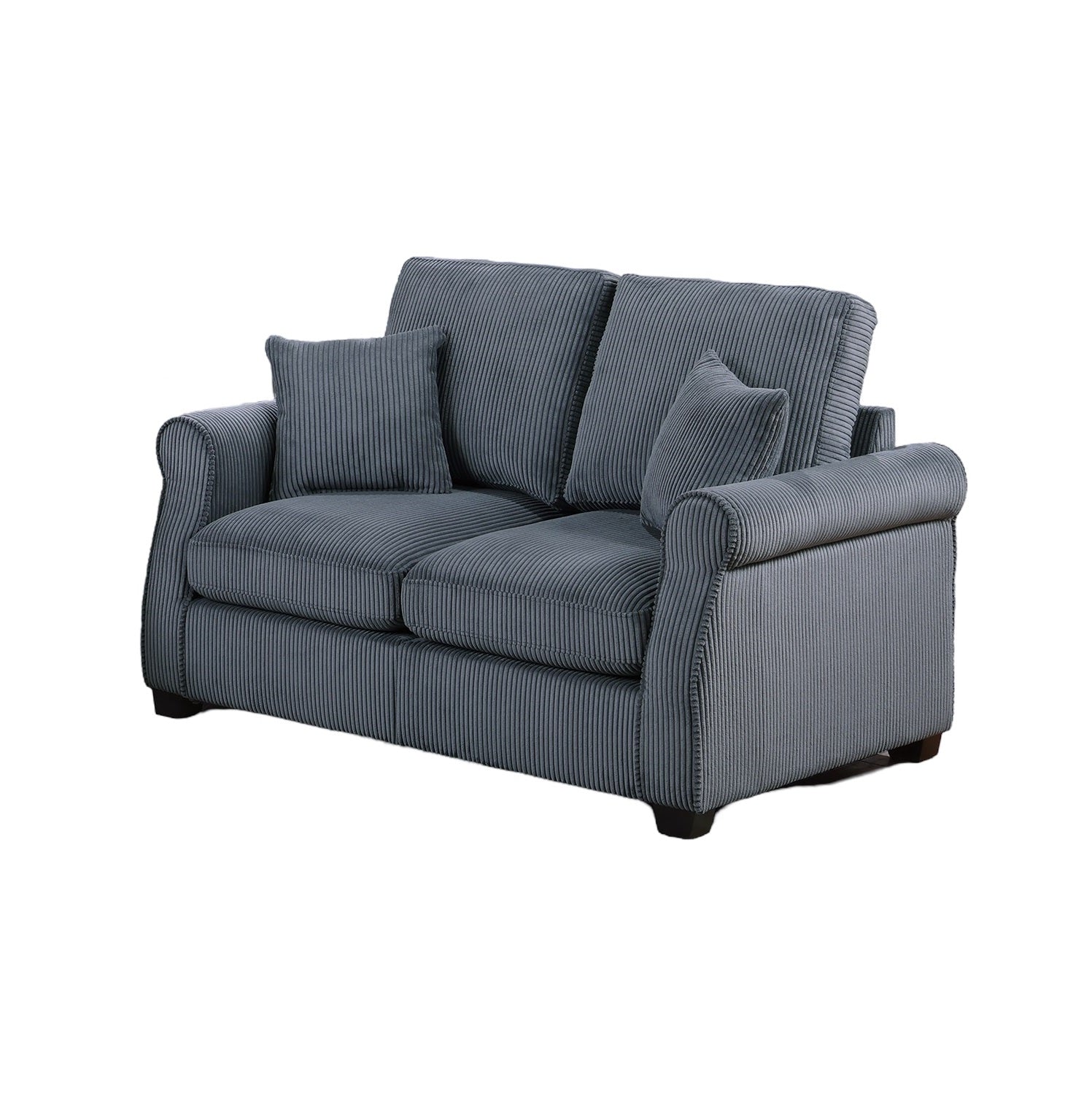 Plush corduroy navy blue twoseater sofa with rolled arms and two accent pillows
