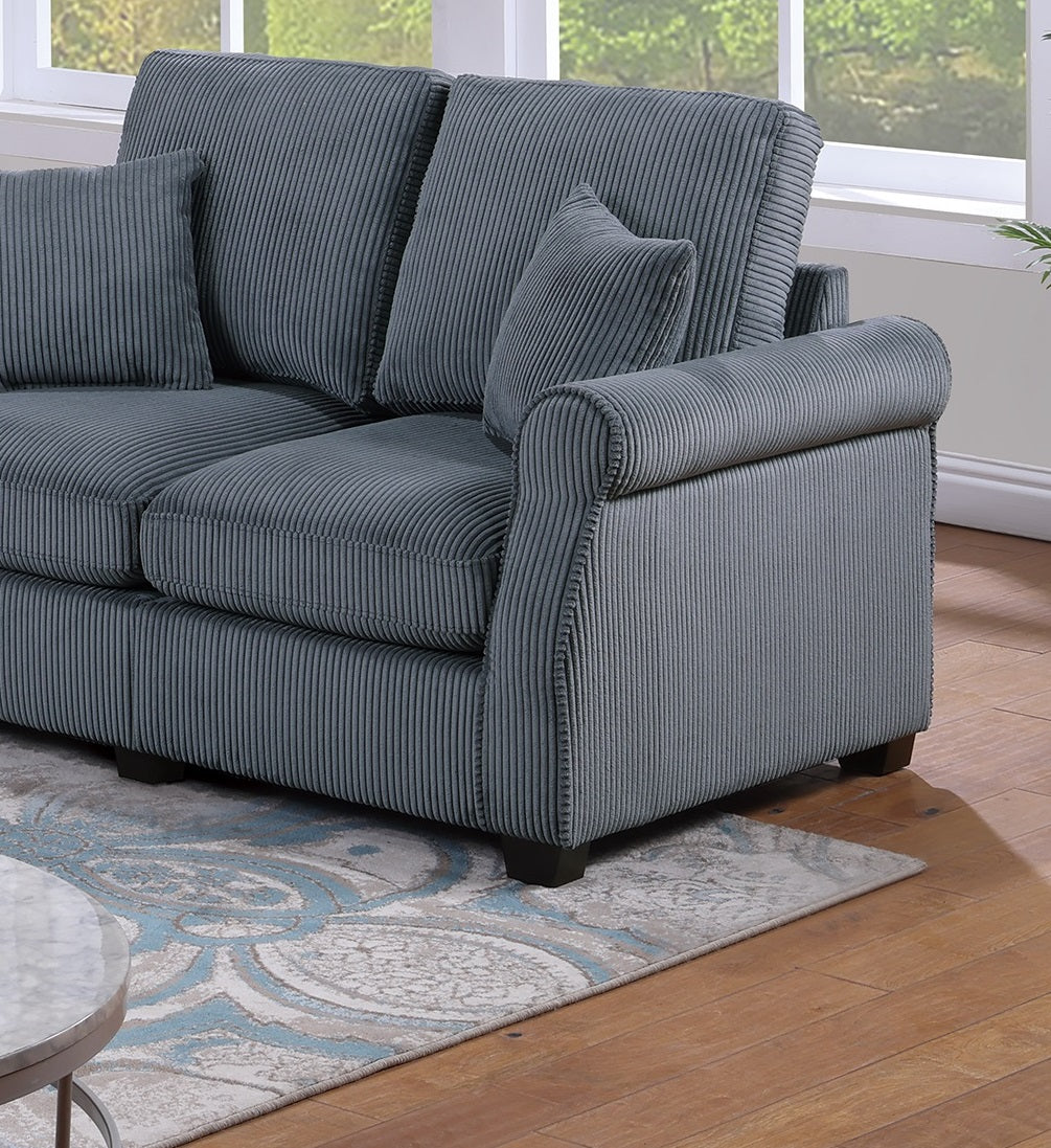 Gray corduroy sofa with plush cushions and rolled arms perfect for living rooms