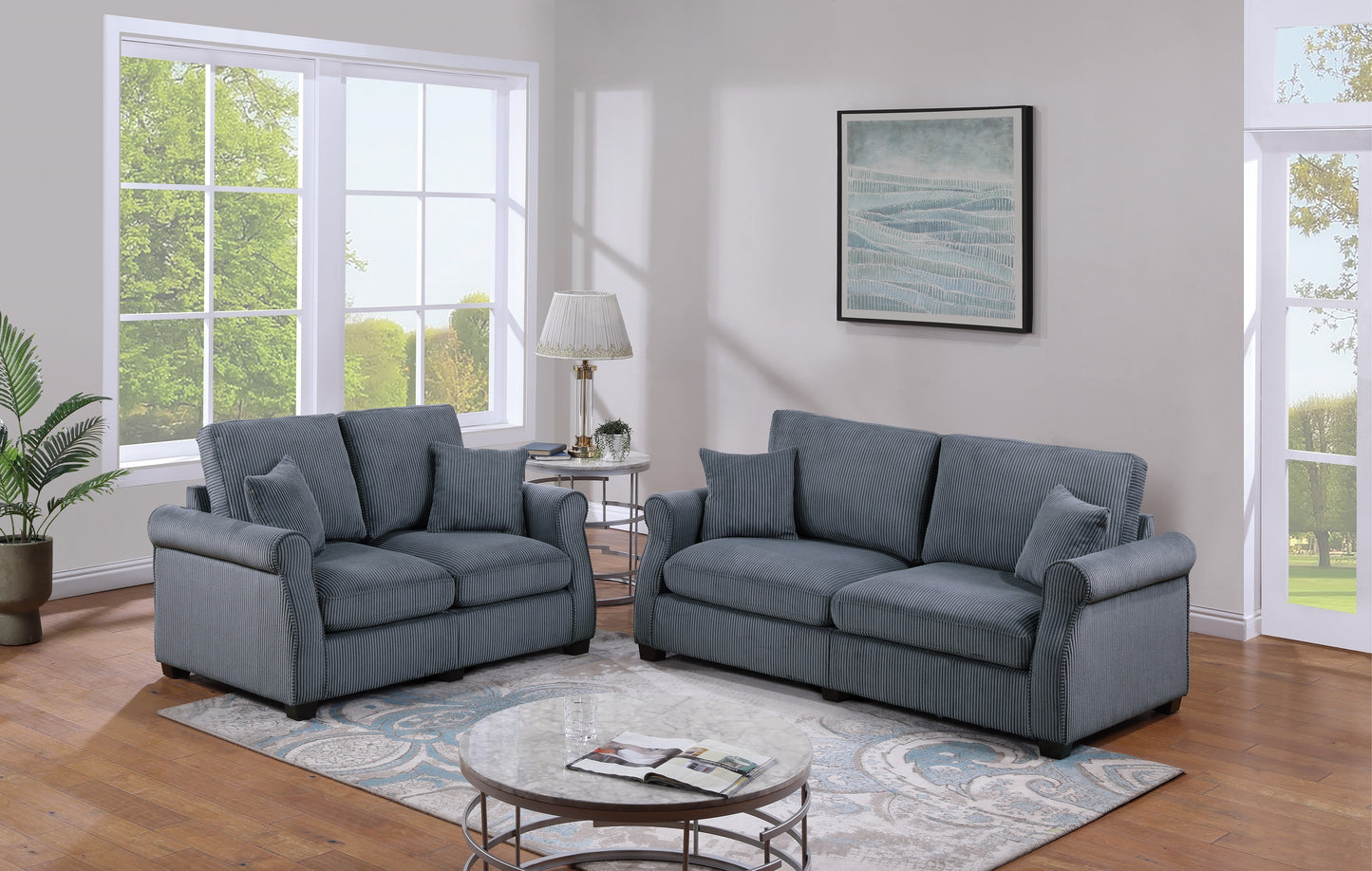 Navy blue corduroy sofa set with plush cushions perfect for living room comfort