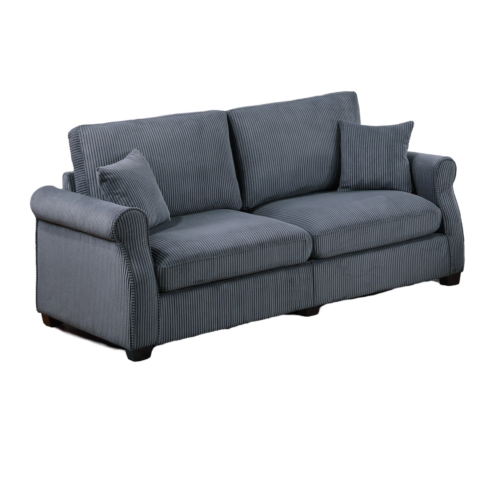 Classic grey corduroy sofa with plush cushions and rolled arms perfect for living rooms