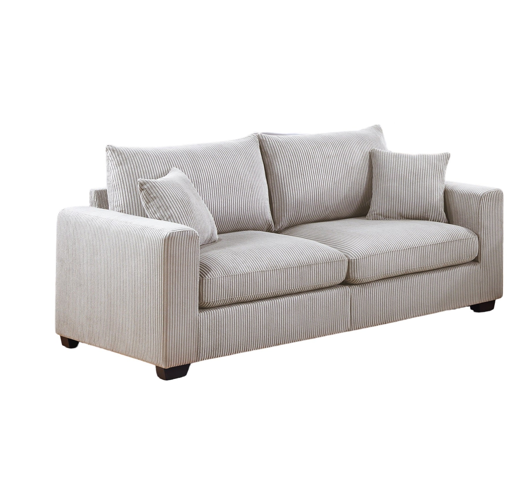 Light gray corduroy sofa with plush seat cushions and matching throw pillows perfect for a cozy living room