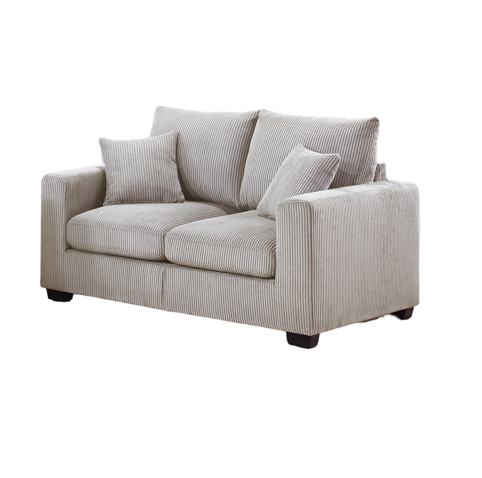 Light gray corduroy loveseat sofa with textured fabric and accent pillows perfect for small spaces