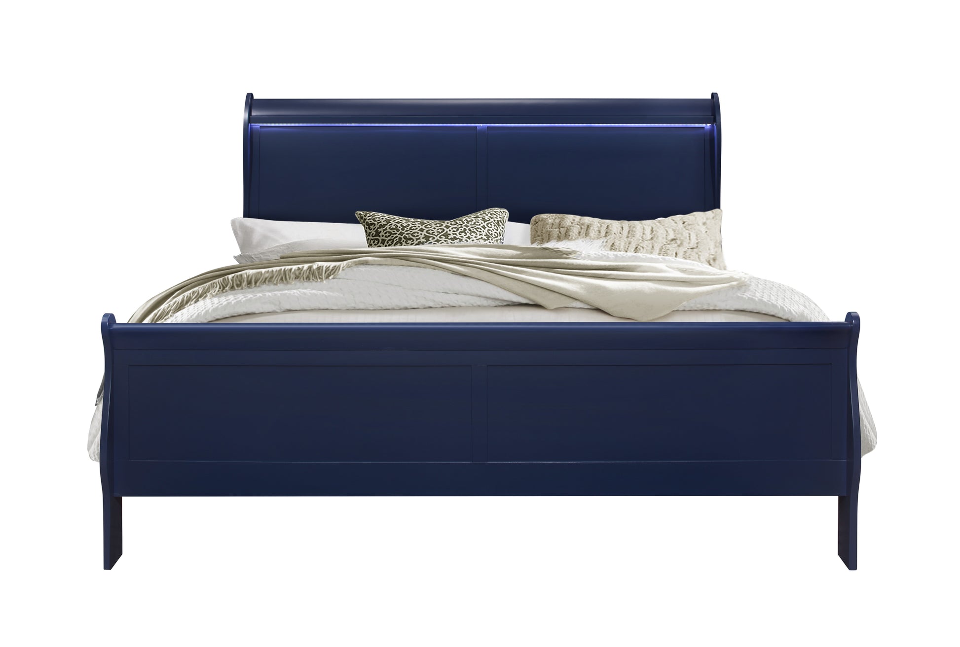 Navy blue sleigh bed with integrated LED headboard lighting and plush bedding