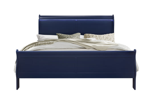 Navy blue sleigh bed with integrated LED headboard lighting and plush bedding
