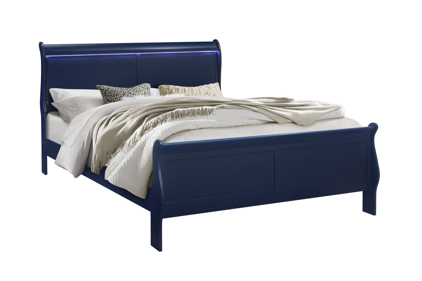 Elegant navy sleigh bed with integrated blue LED lighting queen size modern design