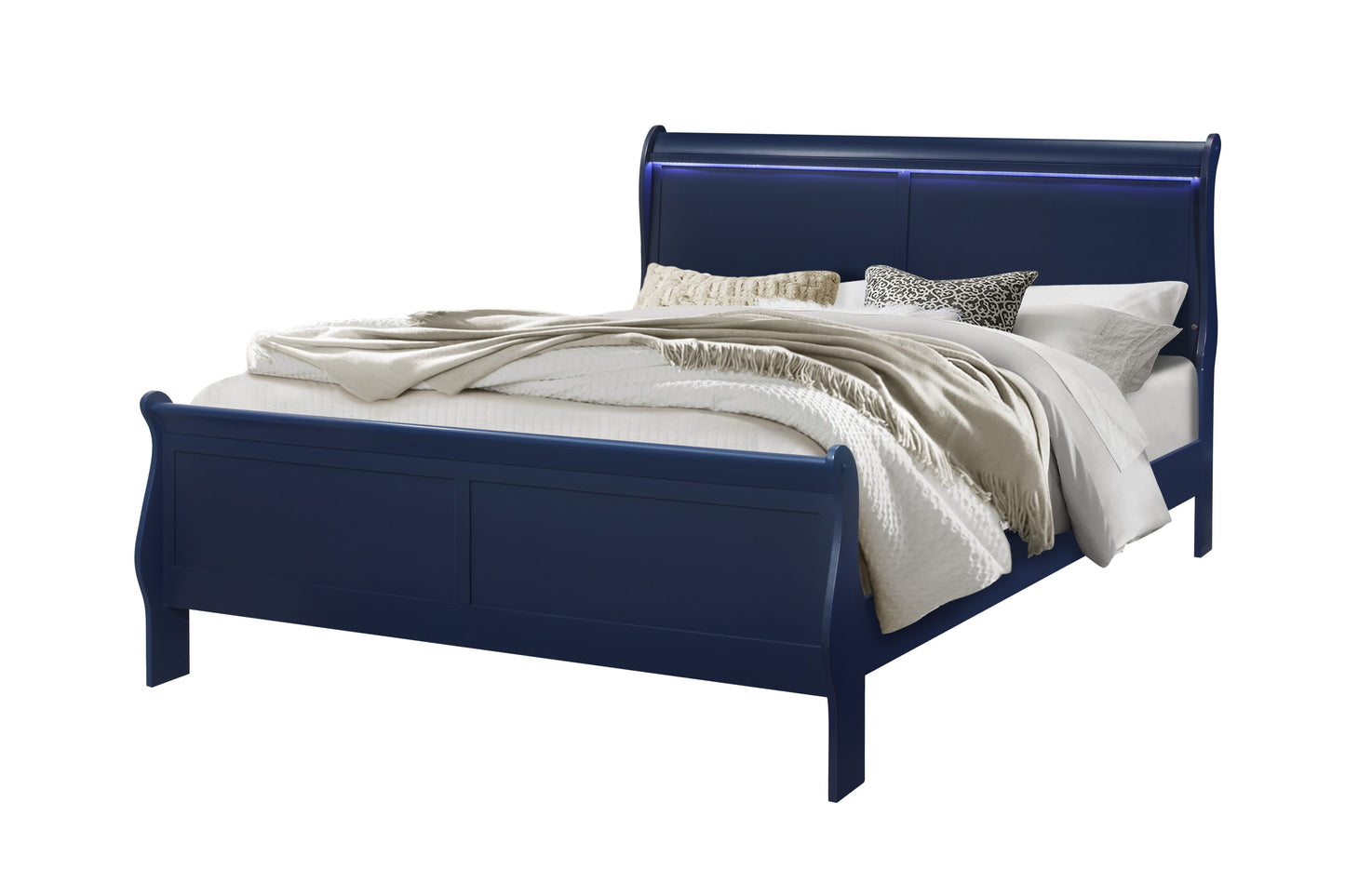Navy blue sleigh bed with builtin LED headboard lighting for modern bedrooms