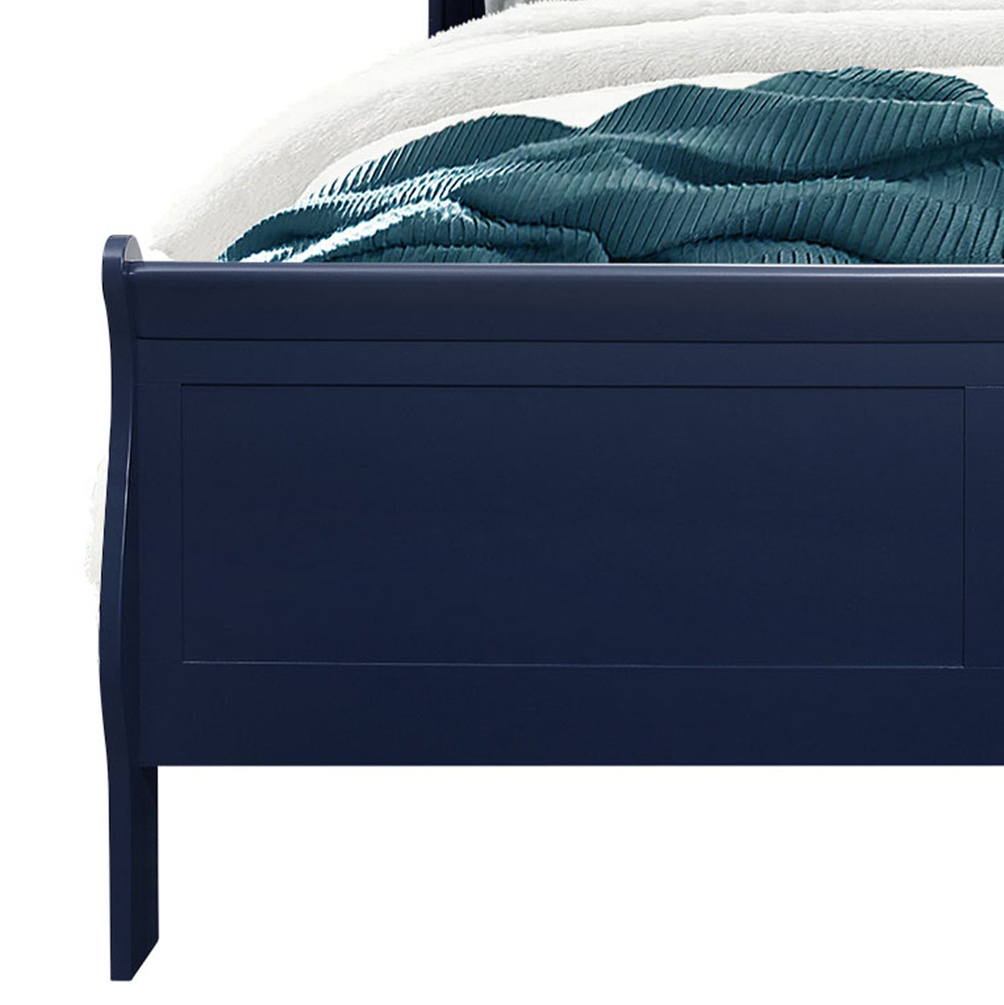 Dark navy sleigh bed frame with plush white and teal bedding