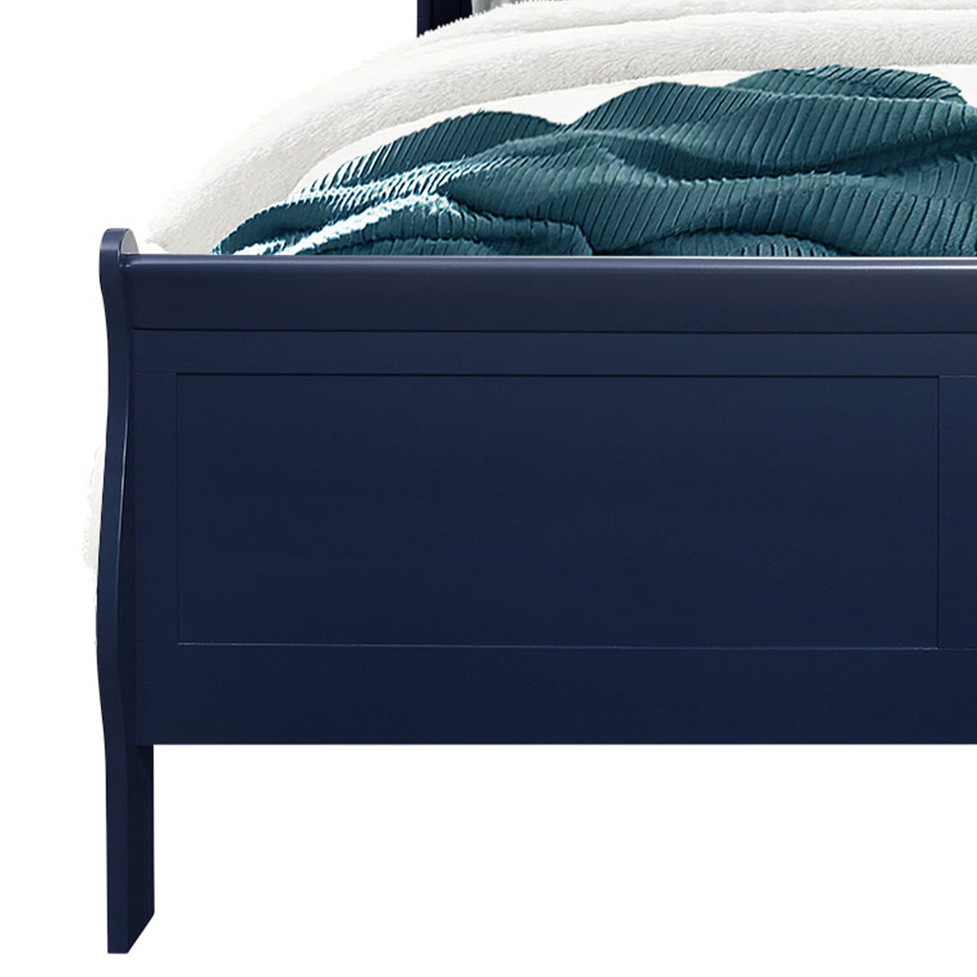 Dark navy sleigh bed frame with plush white and teal bedding