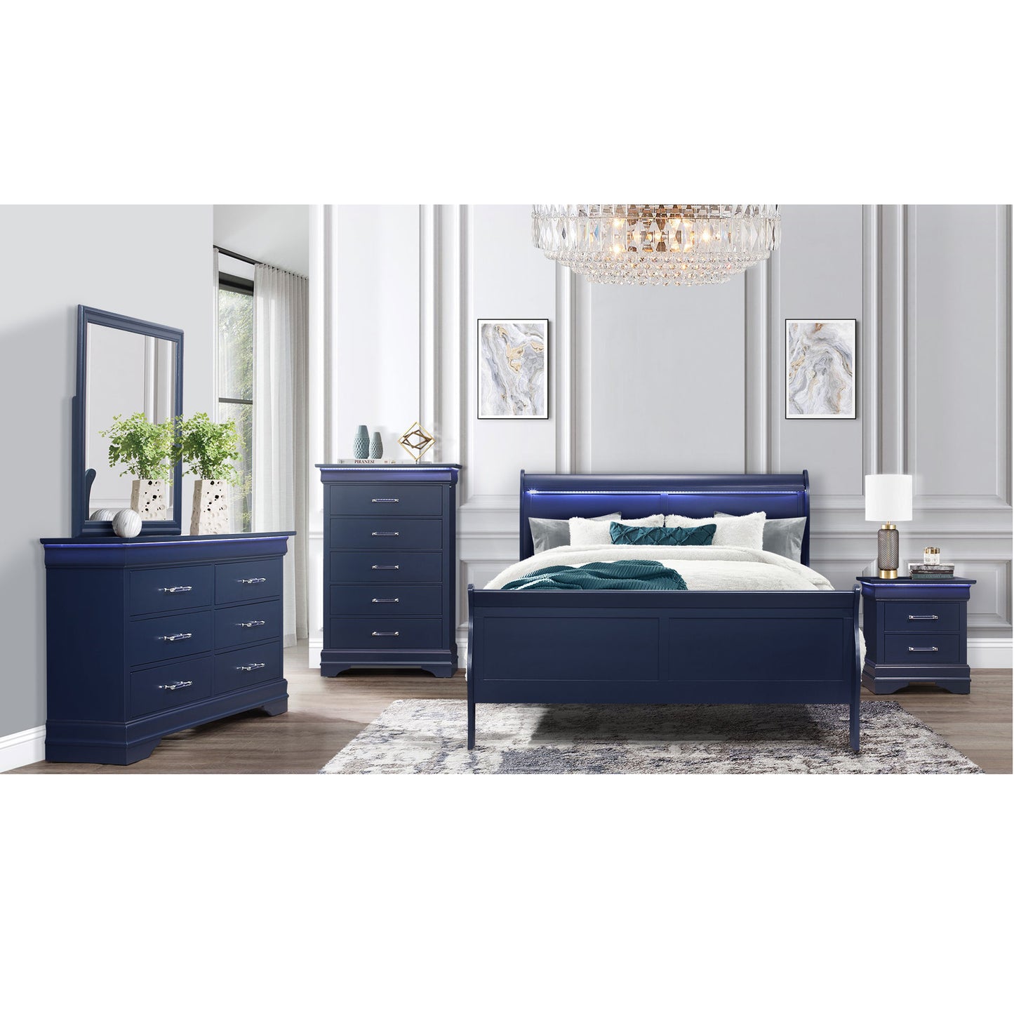 Dark blue sleigh bed with integrated LED lighting and plush bedding
