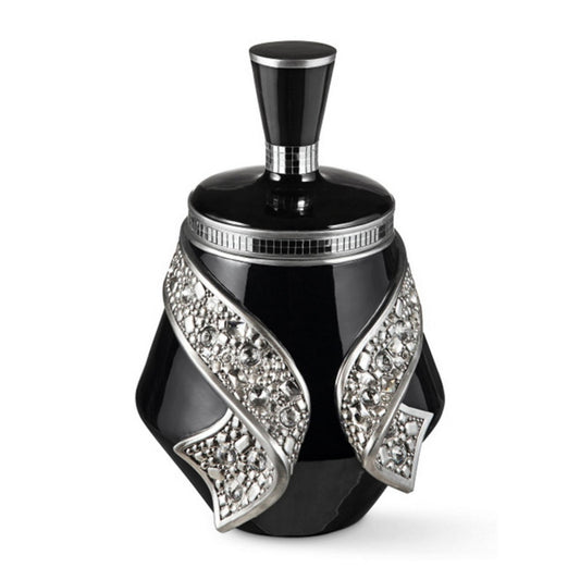 Black ceramic jar with ornate silver jeweled ribbon accent