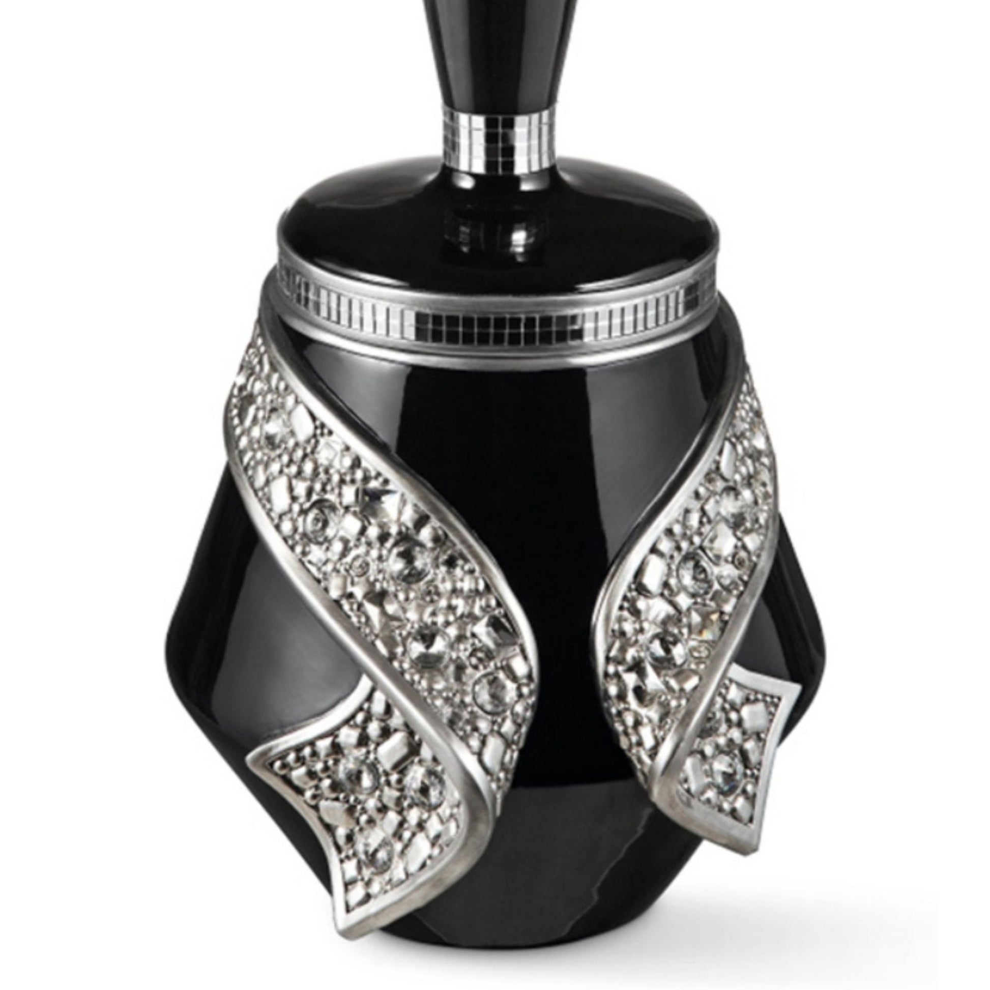 Black ceramic sugar bowl with silvertone trim and crystal embellishments