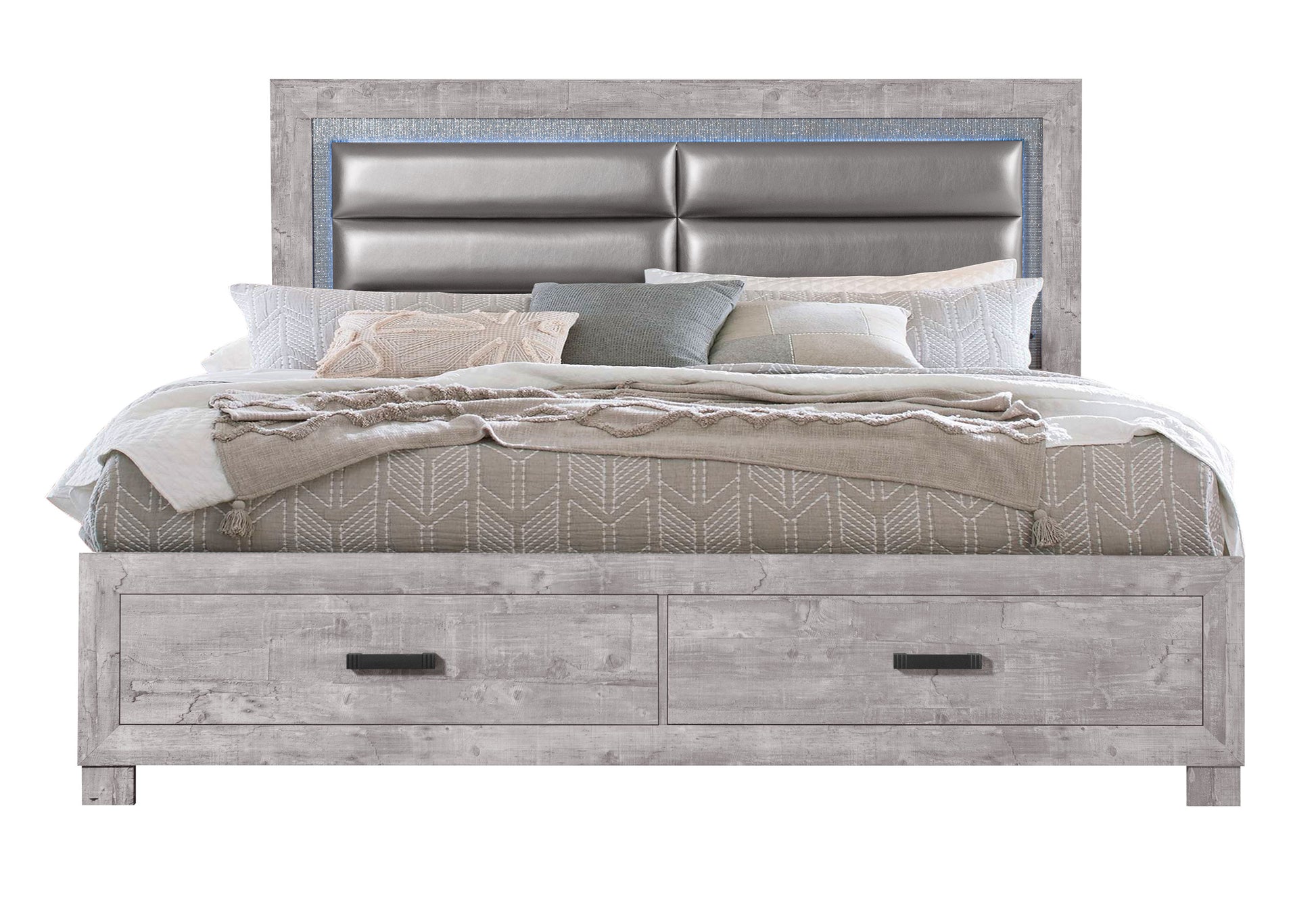 Gray upholstered king bed with LED headboard and storage drawers