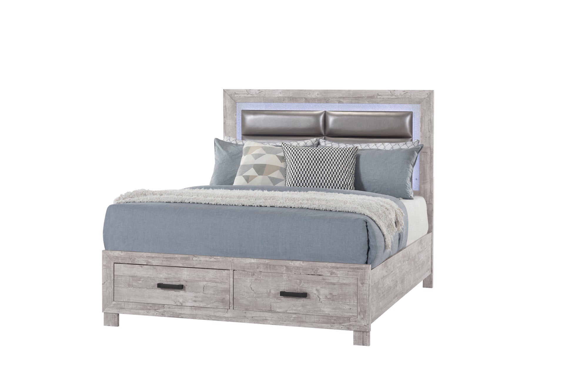 Rustic wood queen bed frame with upholstered headboard and two storage drawers