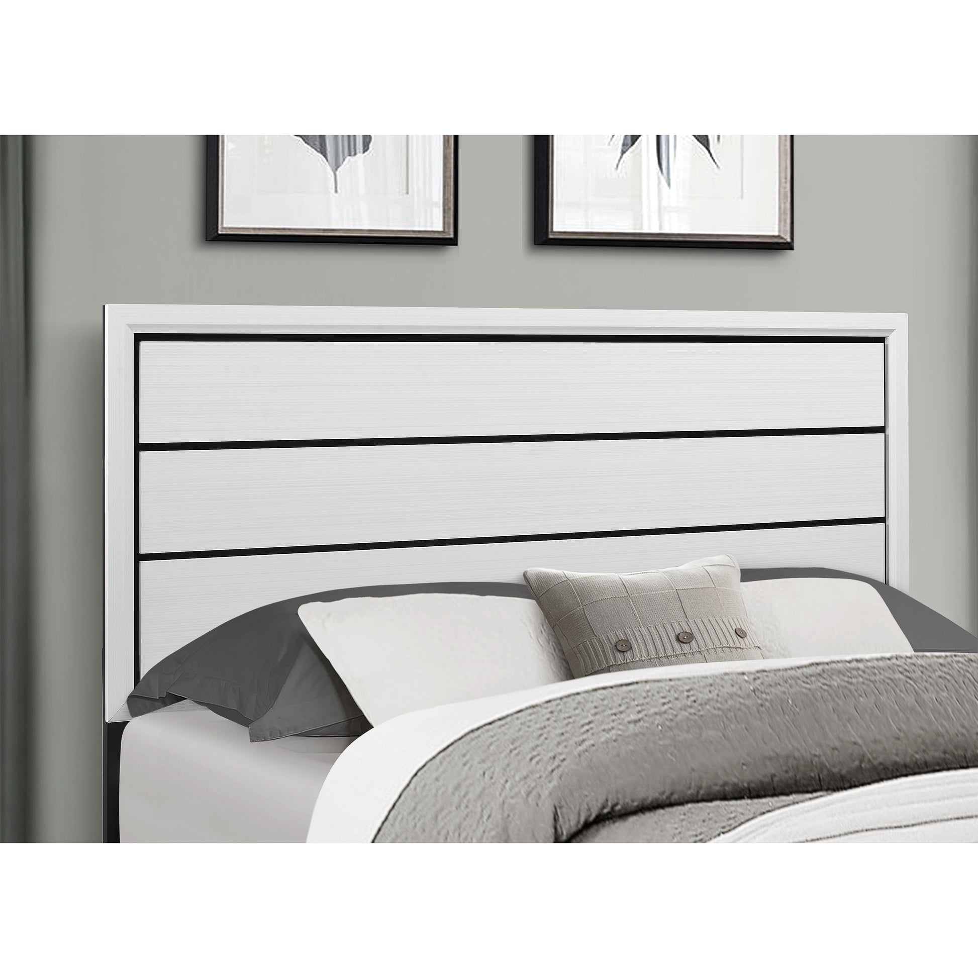 White woodgrain headboard with horizontal slats and black trim