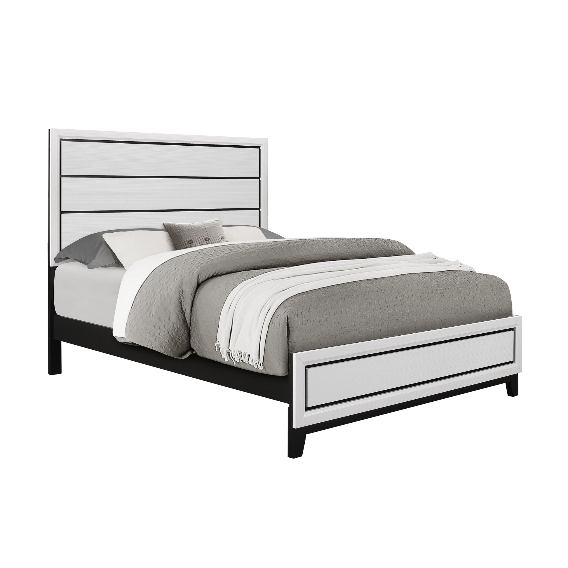 Modern white and black queen platform bed with horizontal panel headboard and footboard