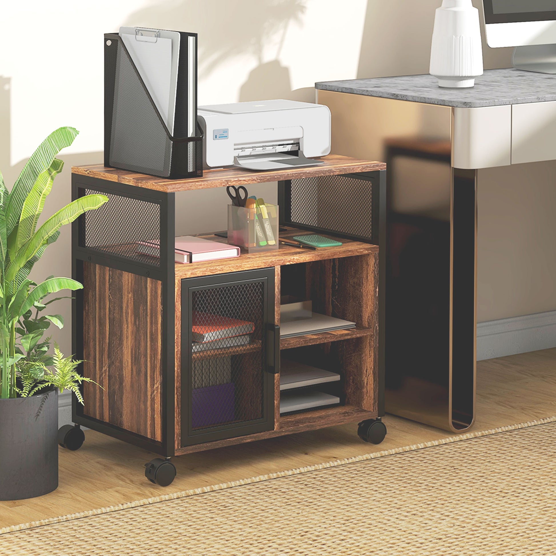 Rustic wood printer cart with black metal frame on wheels