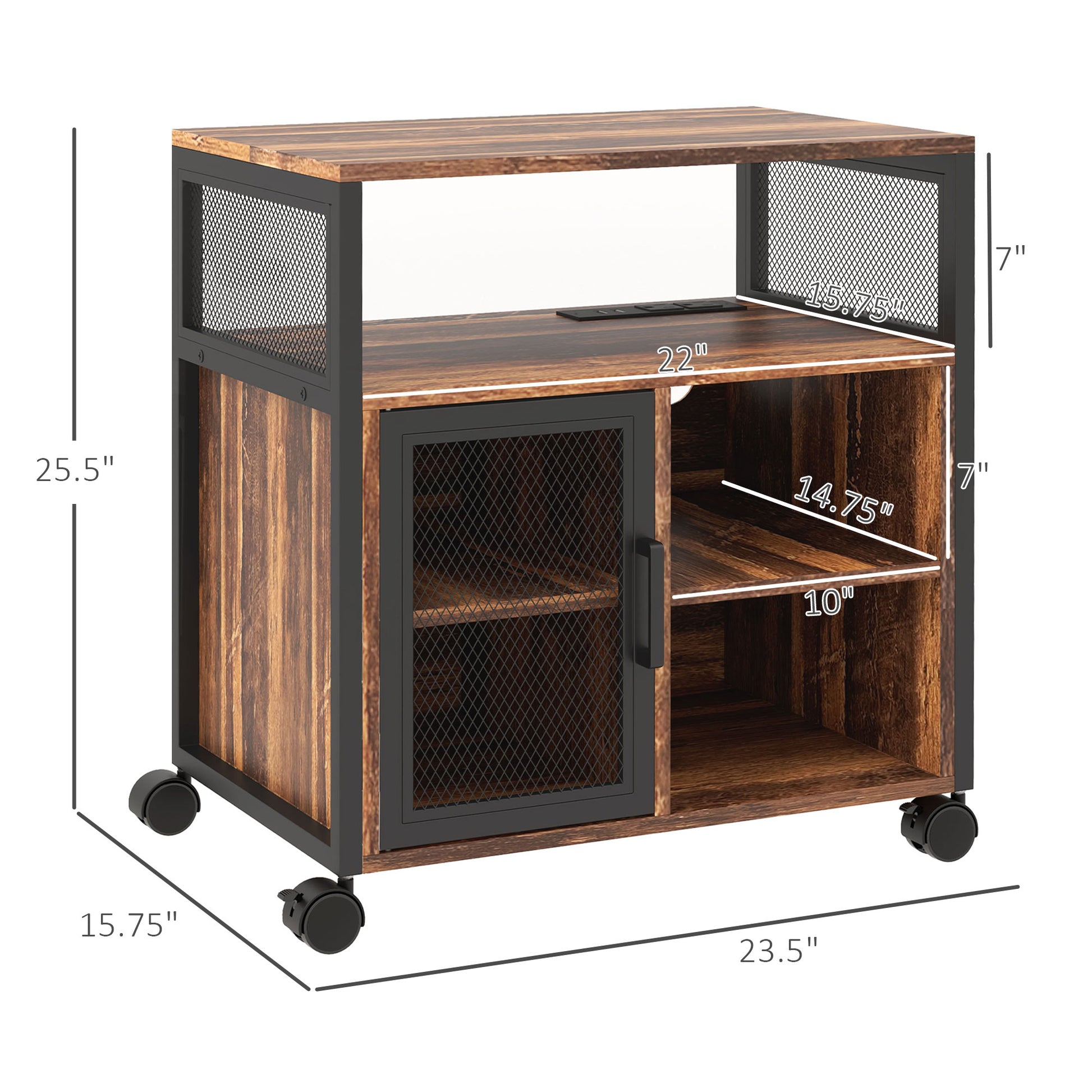 Industrial rolling media console with distressed wood finish and black metal accents