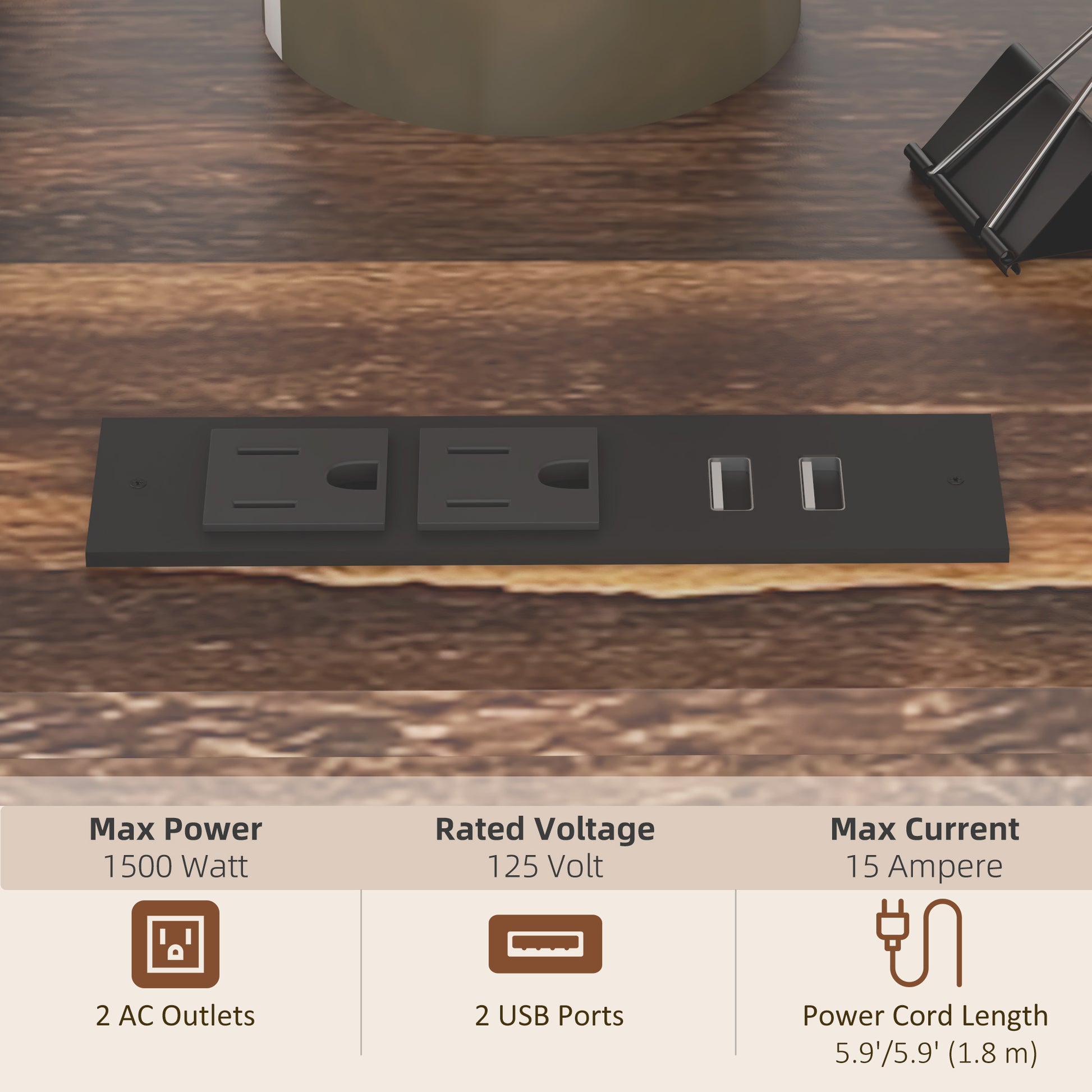 Black power strip with  AC outlets and  USB ports W max power