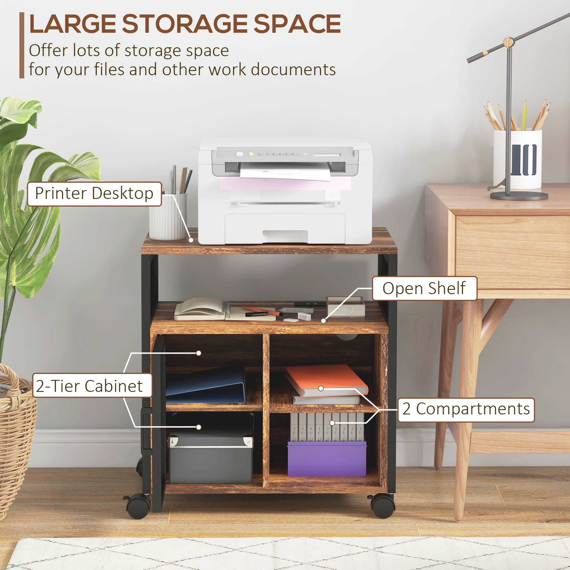 Rustic printer stand with industrial metal frame and wooden shelves