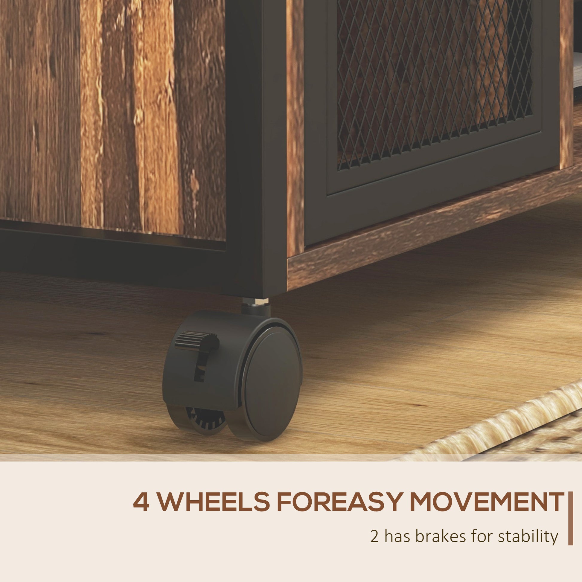 Rustic wood and metal media console with rolling casters