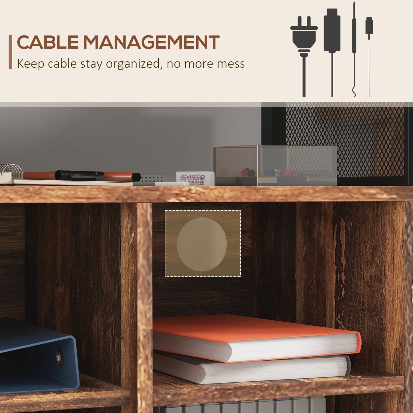 Modern wood bookshelf with organized office supplies and cable management clips