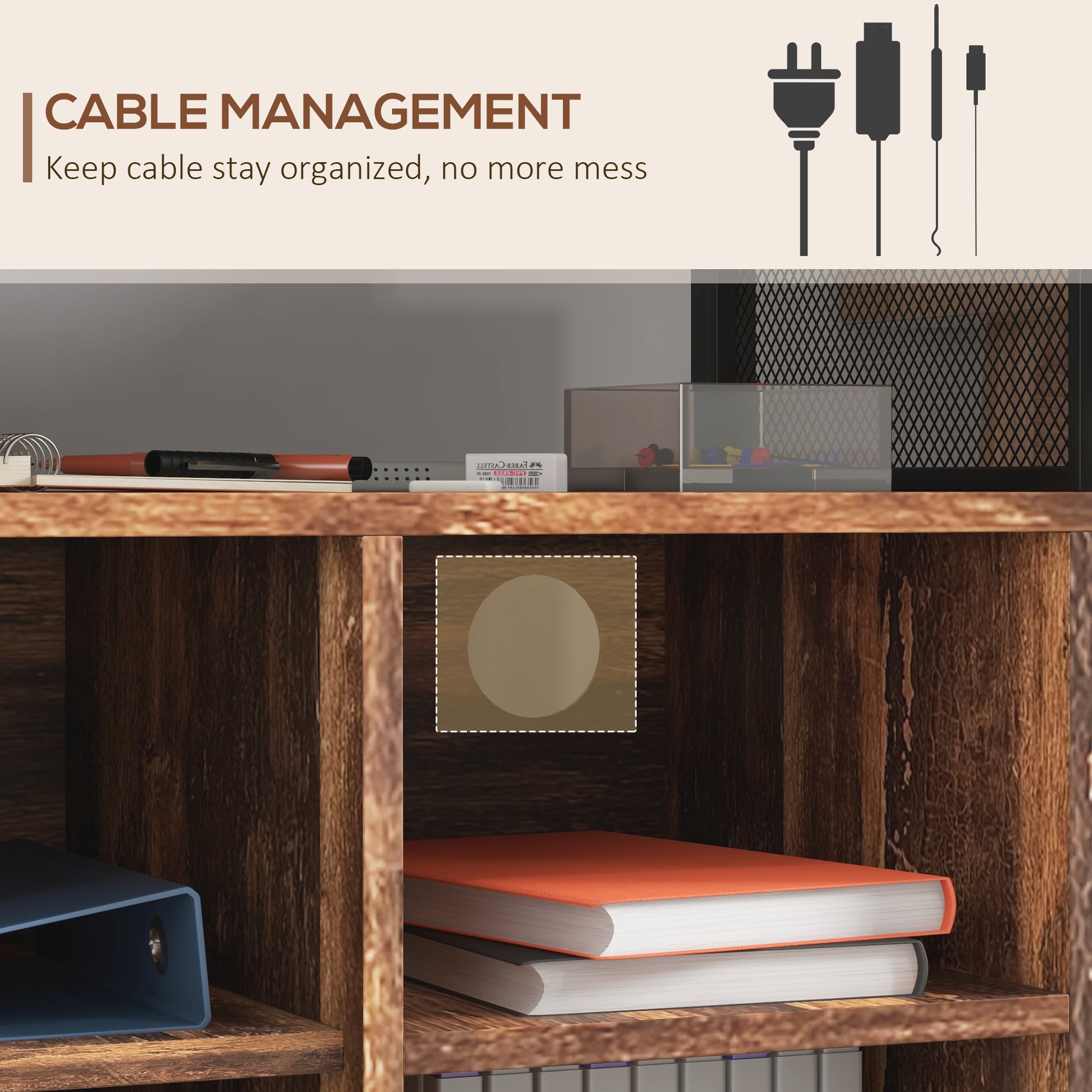 Modern wood bookshelf with organized office supplies and cable management clips