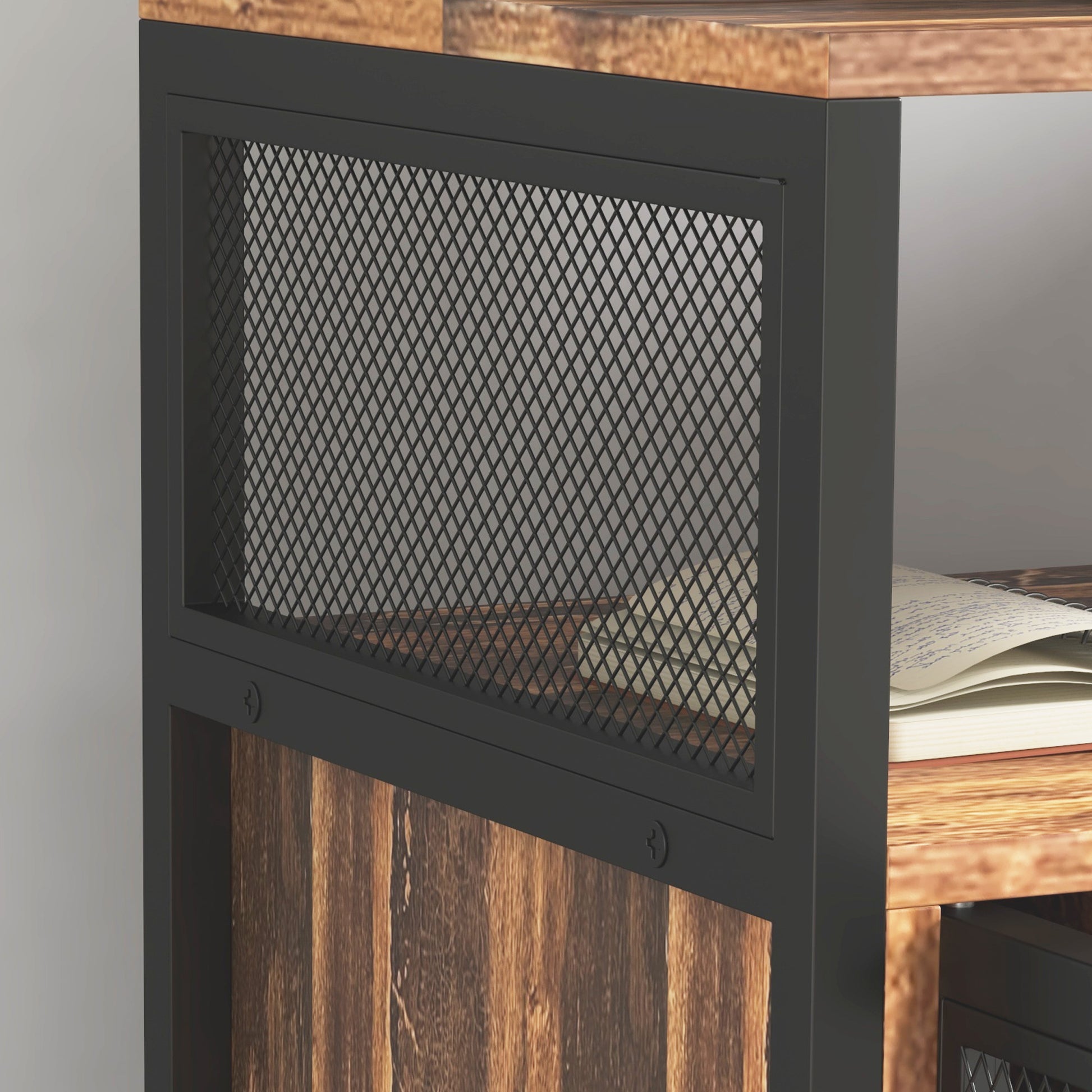 Rustic wood and black metal industrial shelf with diamond mesh detail