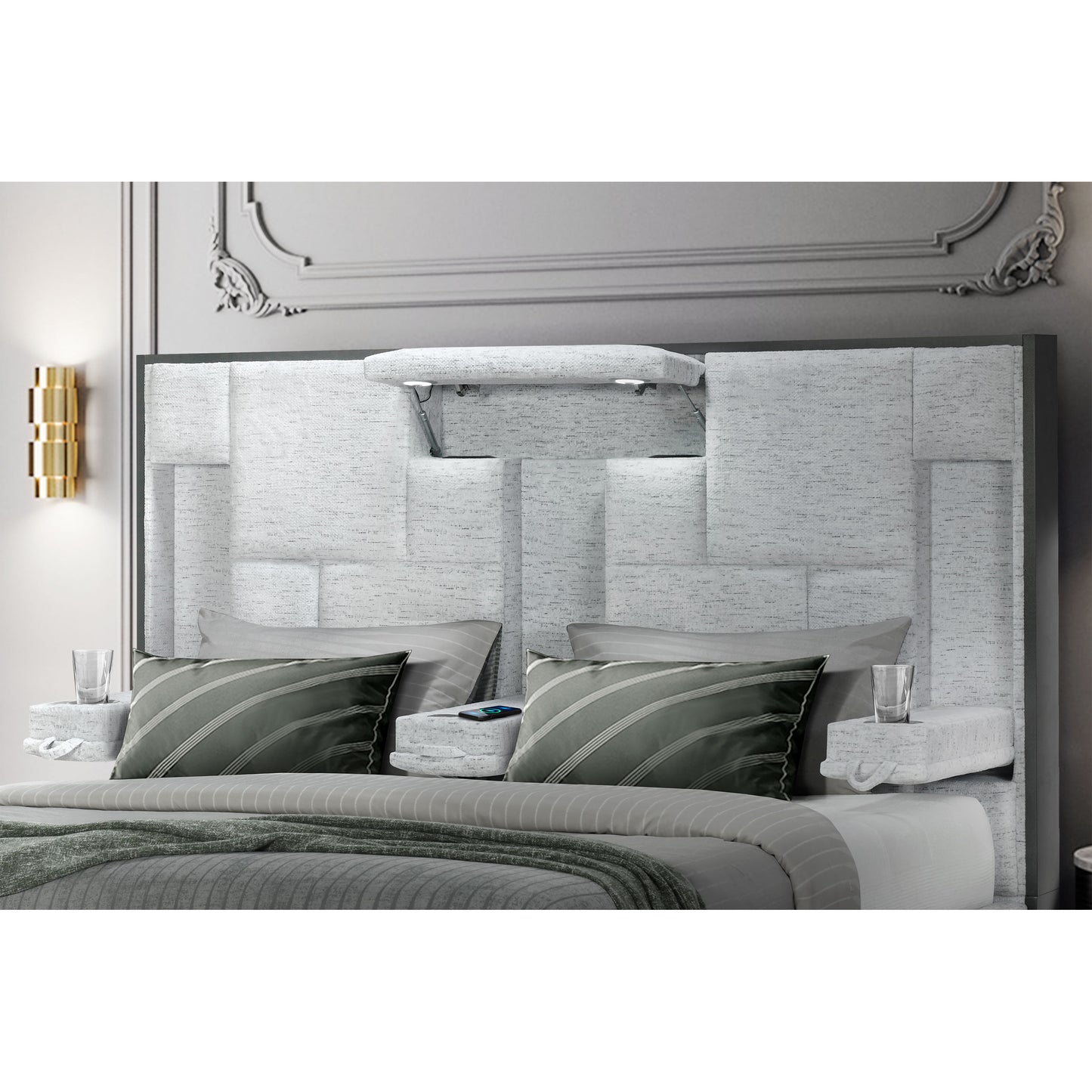 White upholstered queen bed frame with integrated modern floating nightstands and reading light
