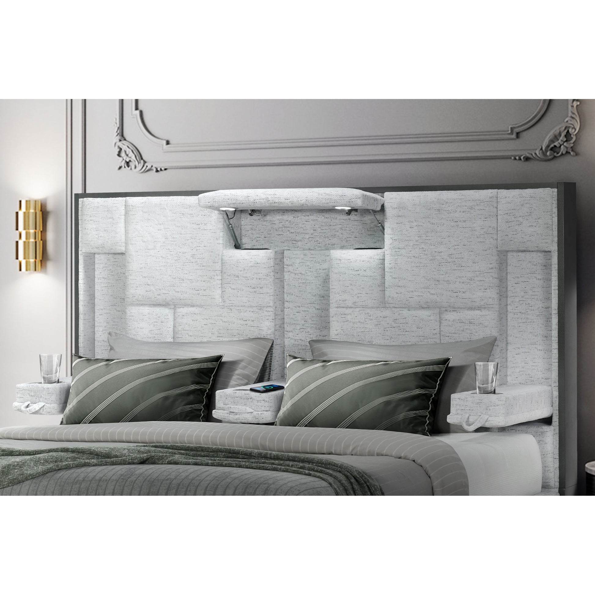 White upholstered queen bed frame with integrated modern floating nightstands and reading light