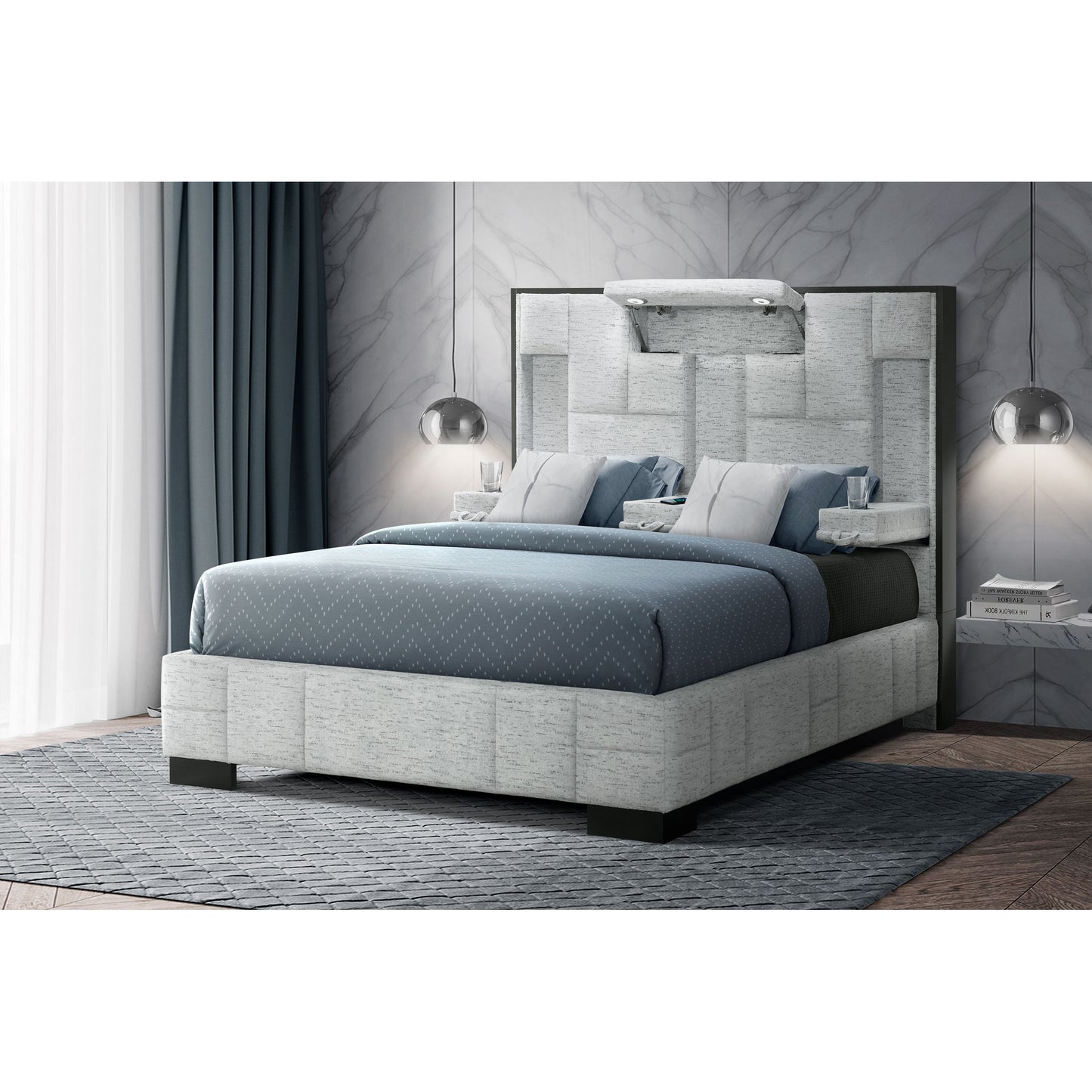 Modern upholstered king size bed with grey and white fabric and integrated bedside tables
