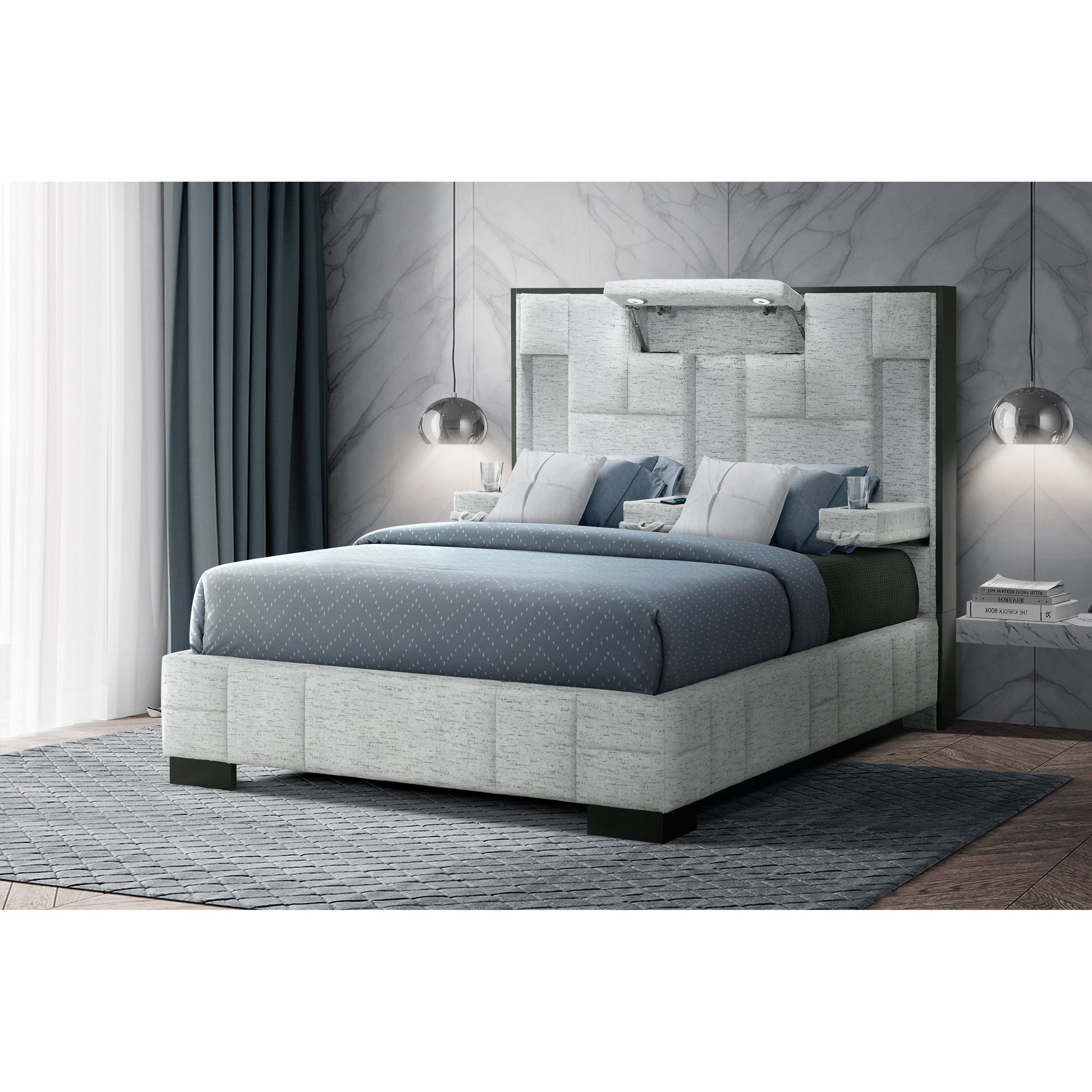 Modern upholstered king size bed with grey and white fabric and integrated bedside tables