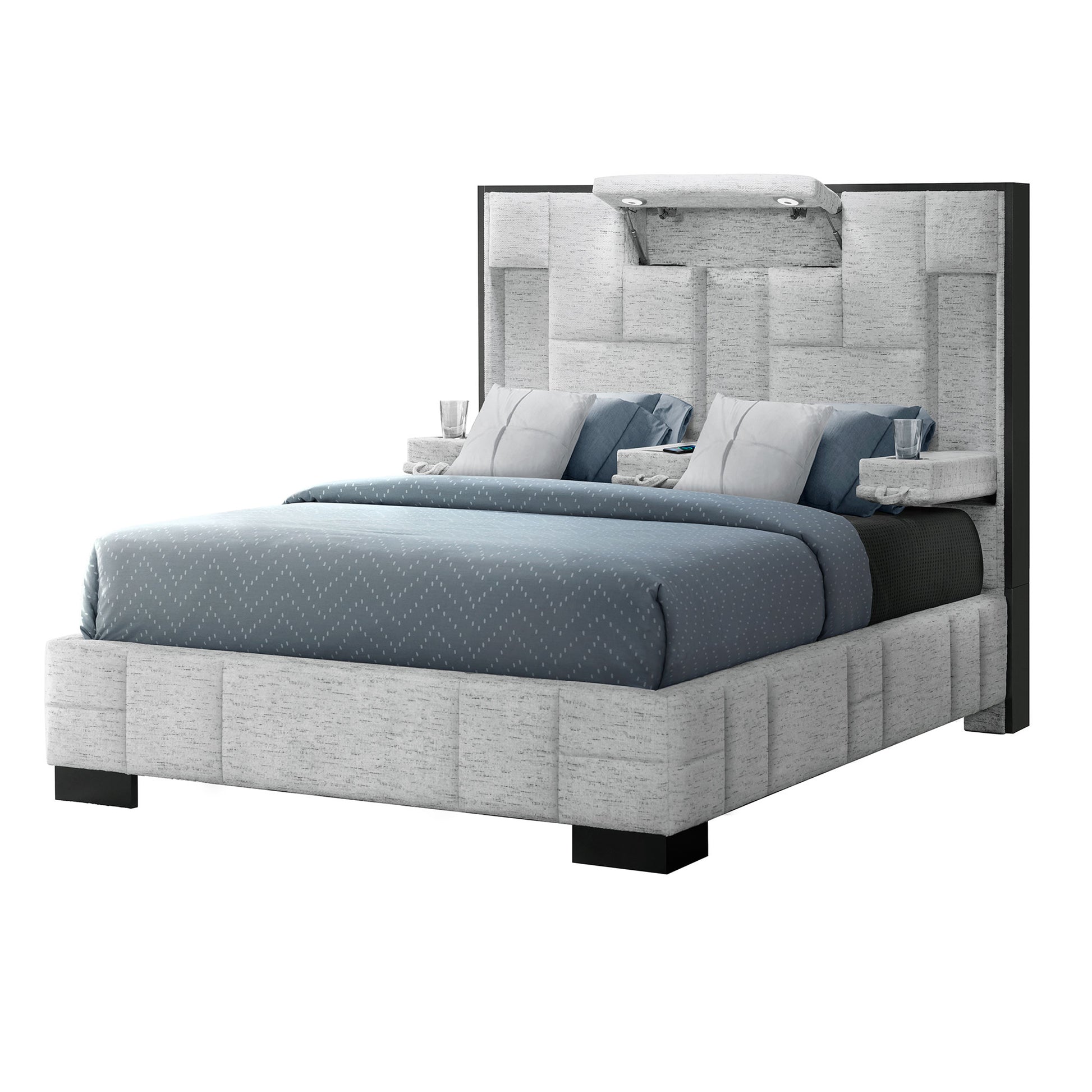 Modern grey upholstered bed frame with integrated bedside tables and ambient lighting