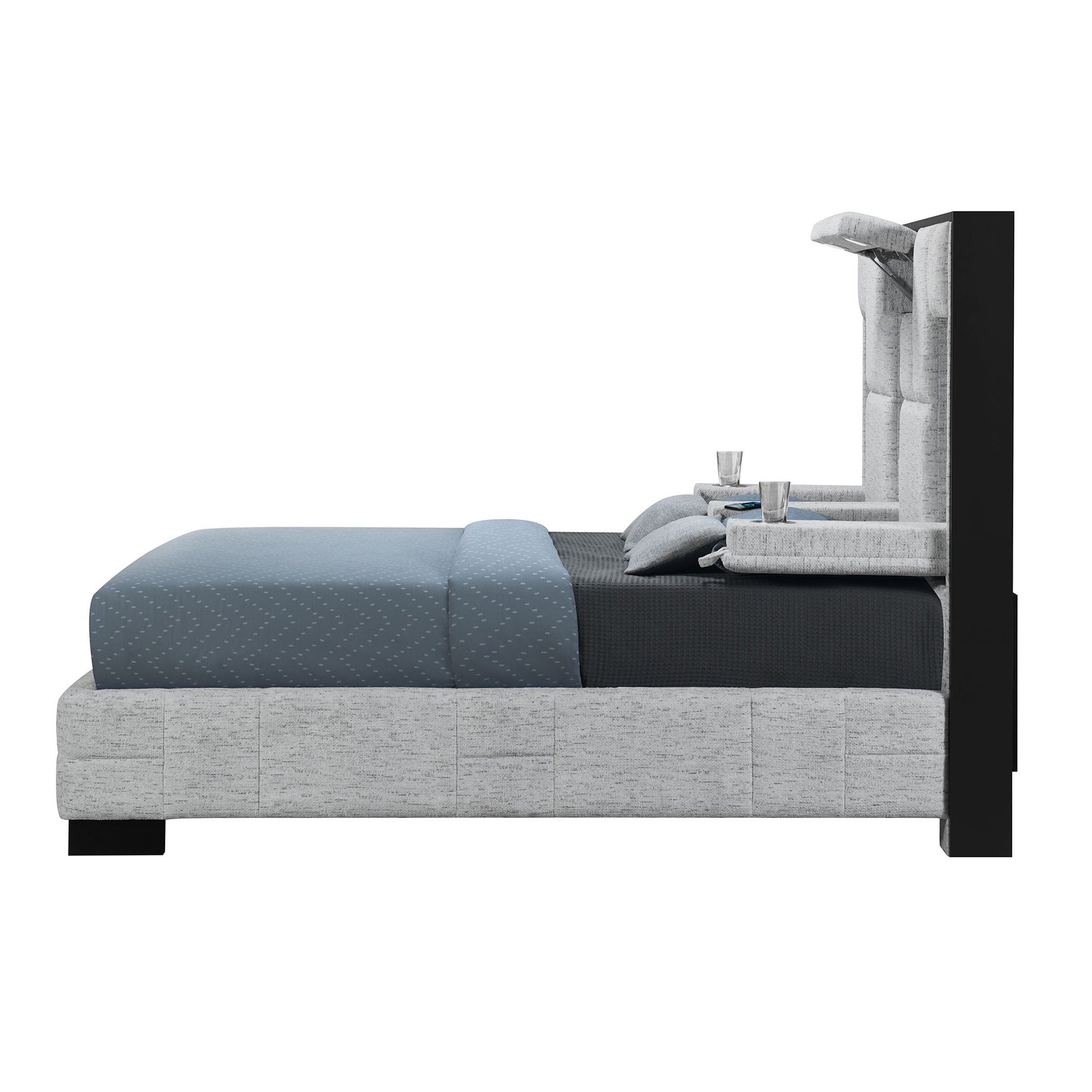 Modern grey upholstered king bed with tufted headboard and builtin nightstands