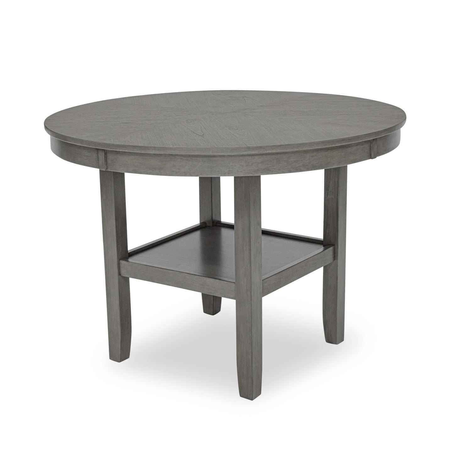Round grey wood dining table with lower shelf
