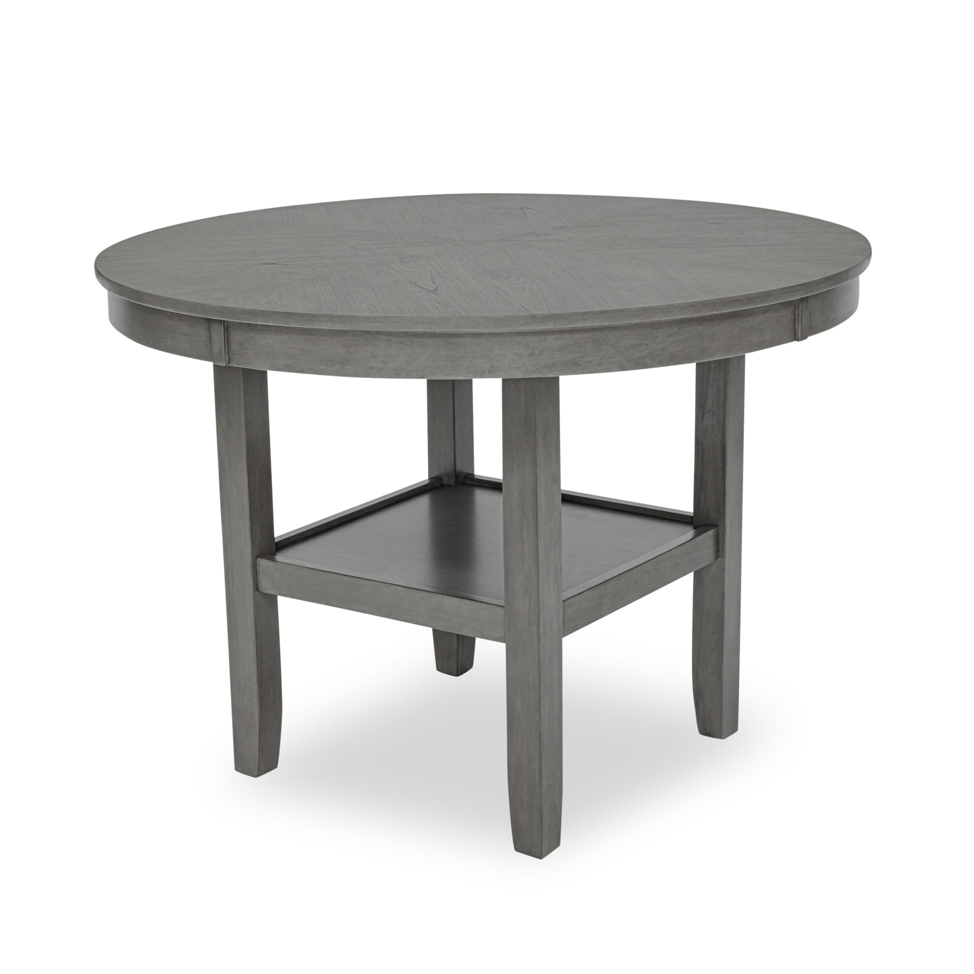 Round grey wood dining table with lower shelf