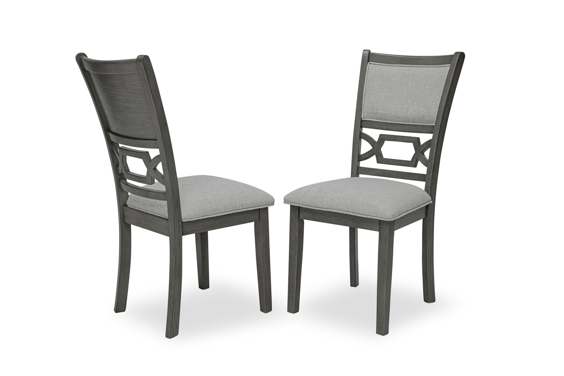 Dark gray wooden dining chair with upholstered grey seat and open geometric backrest