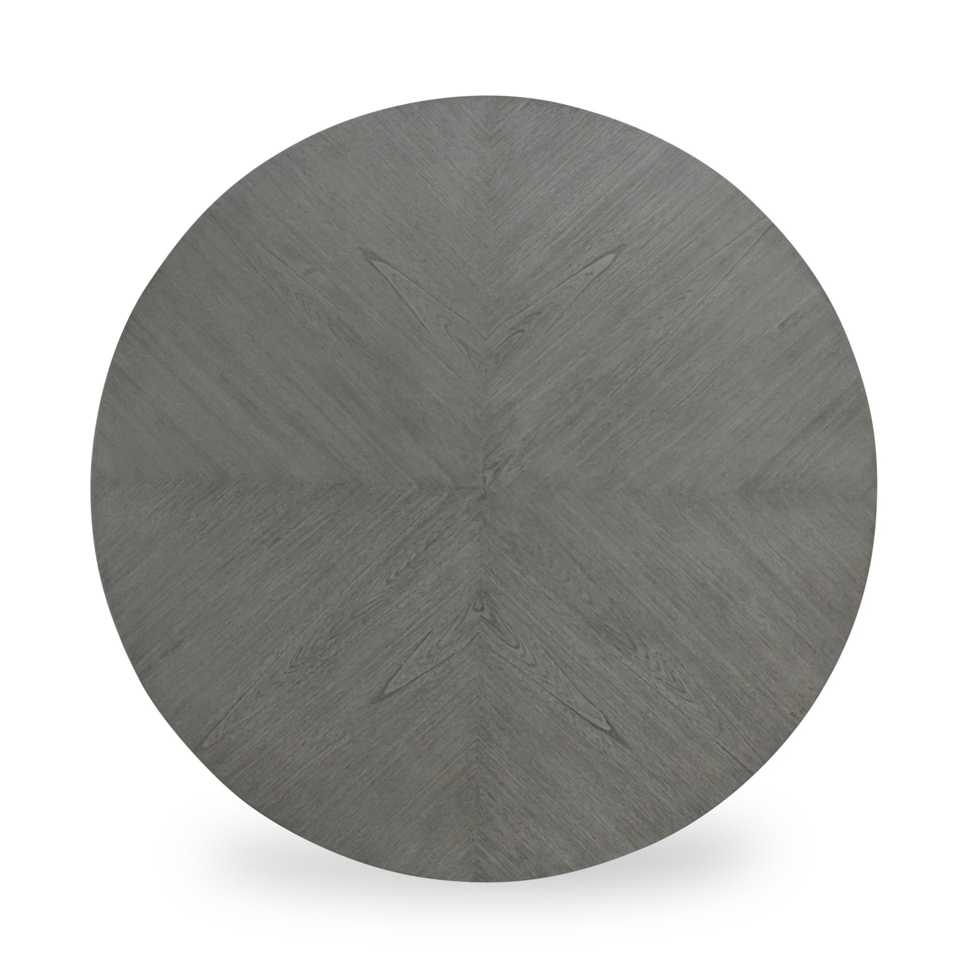 Round gray wooden tabletop with chevron wood grain pattern ideal for dining