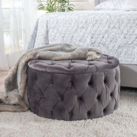 Dark gray velvet tufted ottoman with storage