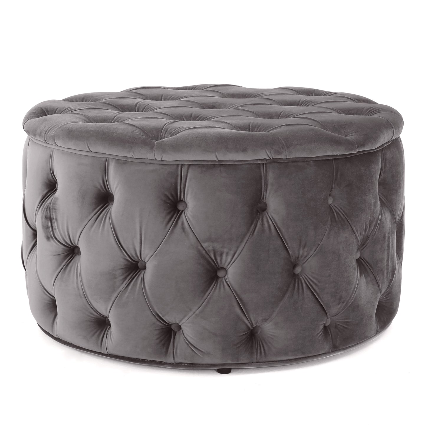 Round gray velvet ottoman with button tufting