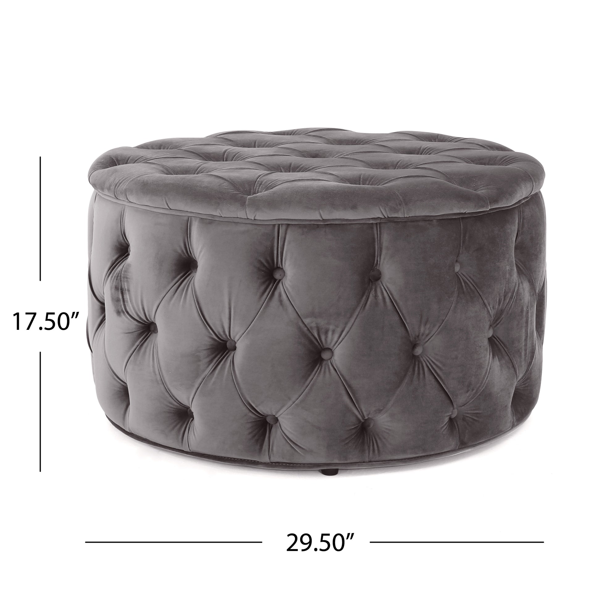 Dark grey velvet round ottoman with diamond tufting and storage