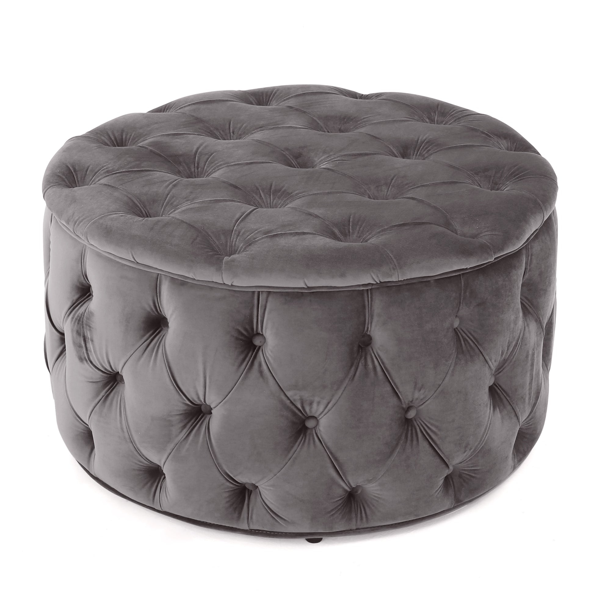 Gray velvet storage ottoman with deep button tufting